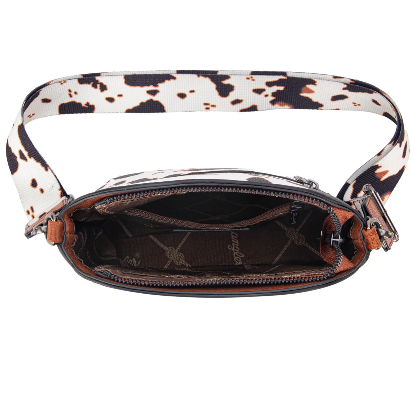 Wrangler Women's Cow Print Crossbody Bag - Western Style Leather Purse with Signature Strap for Everyday Use, Travel & Country Music Festivals