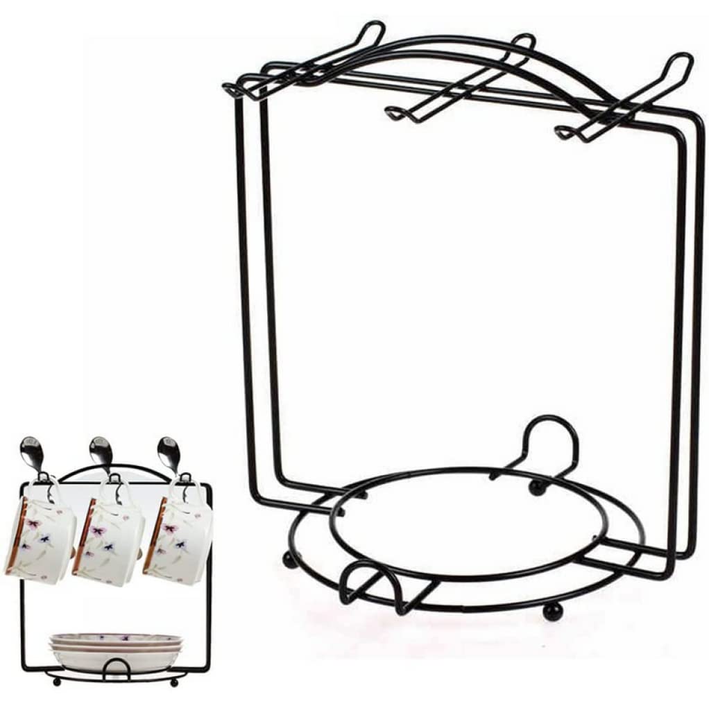 2 in 1 Stainless Steel Tea Cup Holder & Saucer Stand - 6 Mug Tree Rack for Kitchen Counter, Cafe - Black Metal Wire Coffee Cup Organizer | Perfect for Home, Office & Restaurant Use
