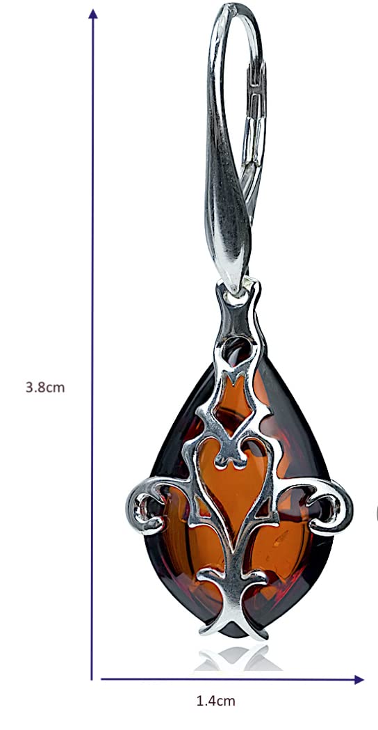 Ian & Valeri Co. Sterling Silver Cherry Amber Drop Leverback Earrings for Women - Elegant Dangle Earrings for Parties, Weddings & Everyday Wear