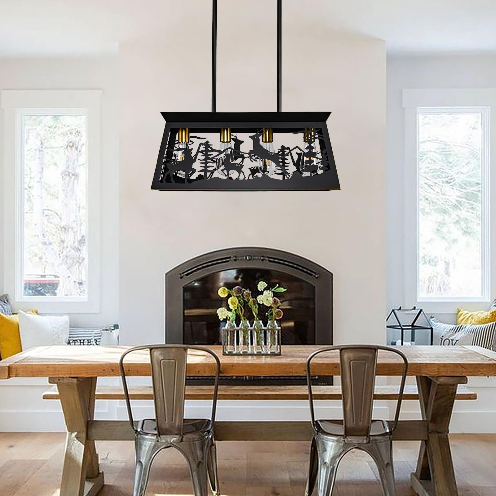 Rustic Black Rectangle Farmhouse Chandelier - 24-Inch 4-Light Deer Design Pendant Lighting for Dining Room, Kitchen Island & Table - Perfect for Country Homes, Cabin Decor & Farmhouse Style Interiors