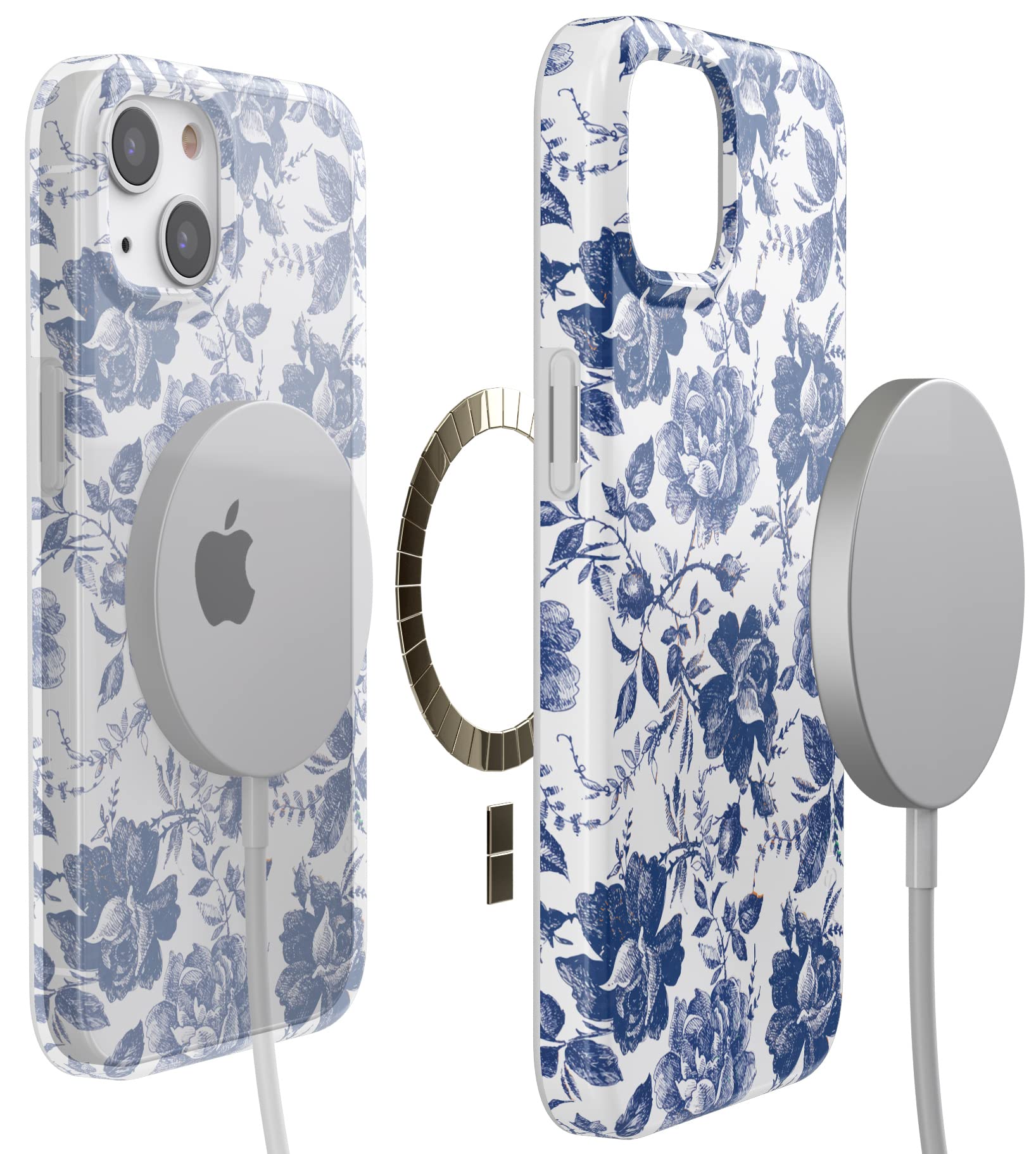 Casely iPhone 13 Case with Floral Design | MagSafe Compatible | Rose to Fame Coquette Style | Blue & White Rose Pattern | Perfect for Everyday Use & Gift Giving