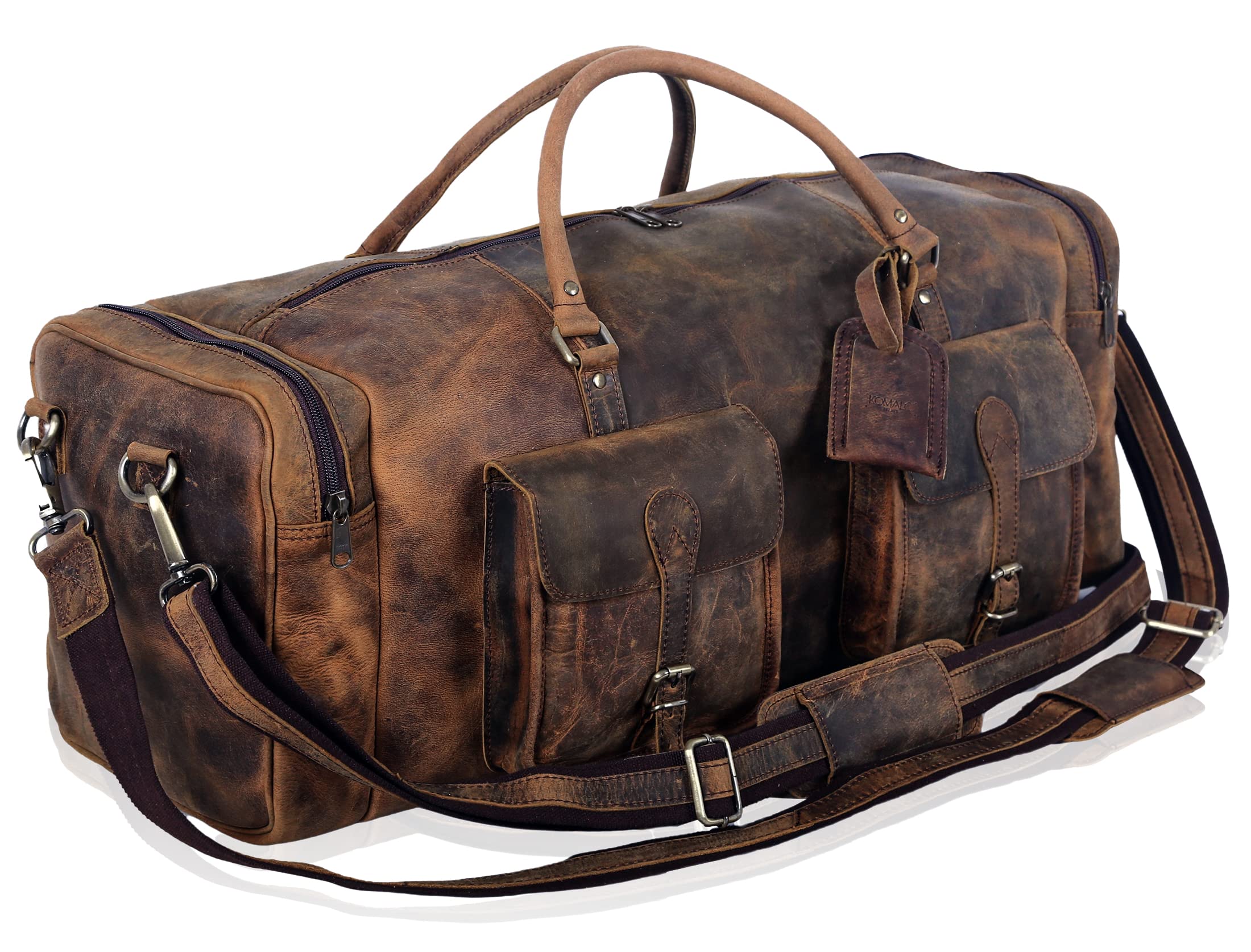 KomalC 28 Inch Distressed Brown Leather Duffle Bag - Large Travel Gym Sports Overnight Weekender Carry On Bag for Men & Women - Perfect for Gym, Sports, Travel & Cabin Luggage