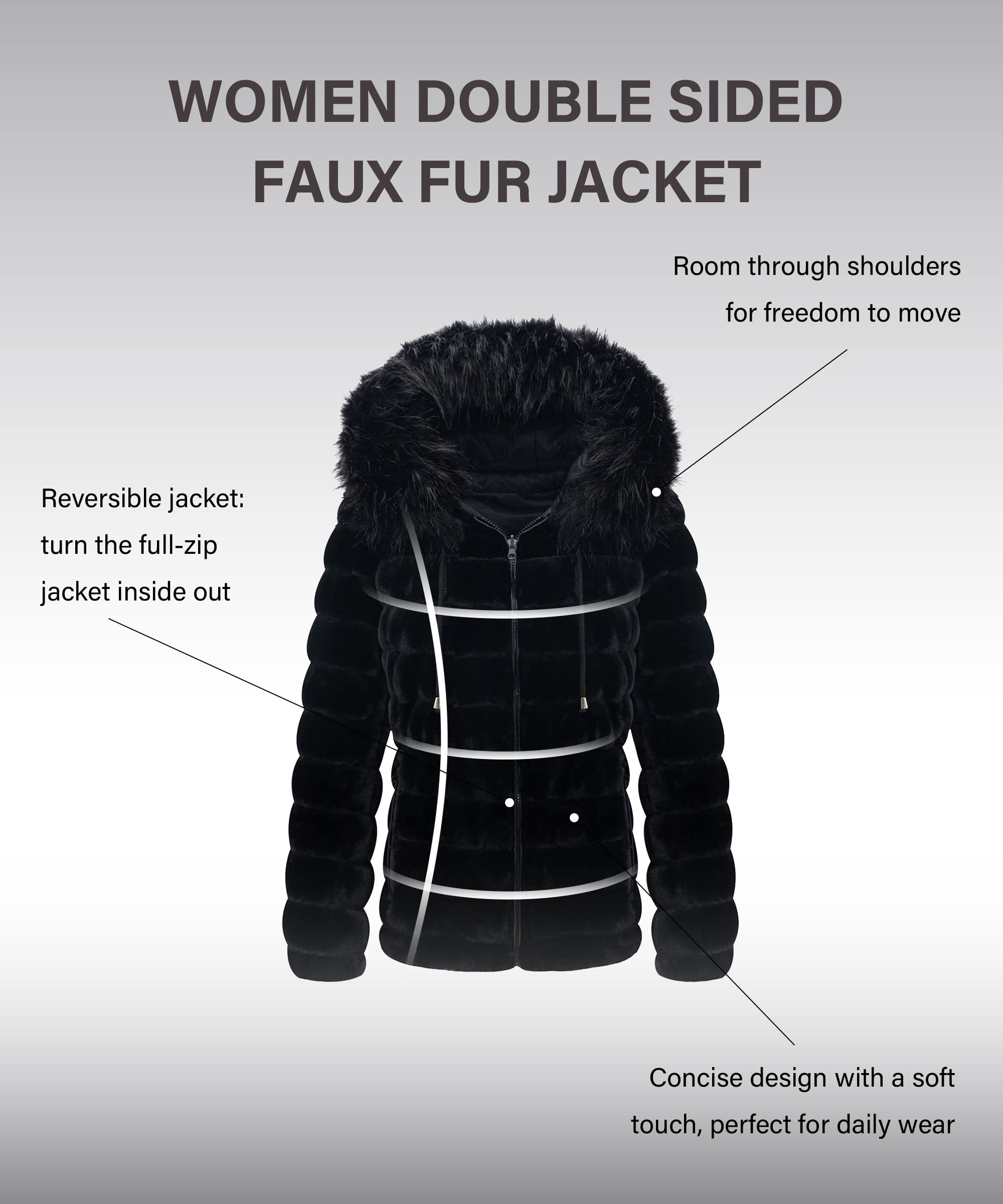 Bellivera Women's Reversible Faux Fur Jacket - Double Sided Winter & Spring Hooded Puffer Coat with Detachable Fur Collar | Warm Fashion Outerwear for Casual Outings & Cold Weather