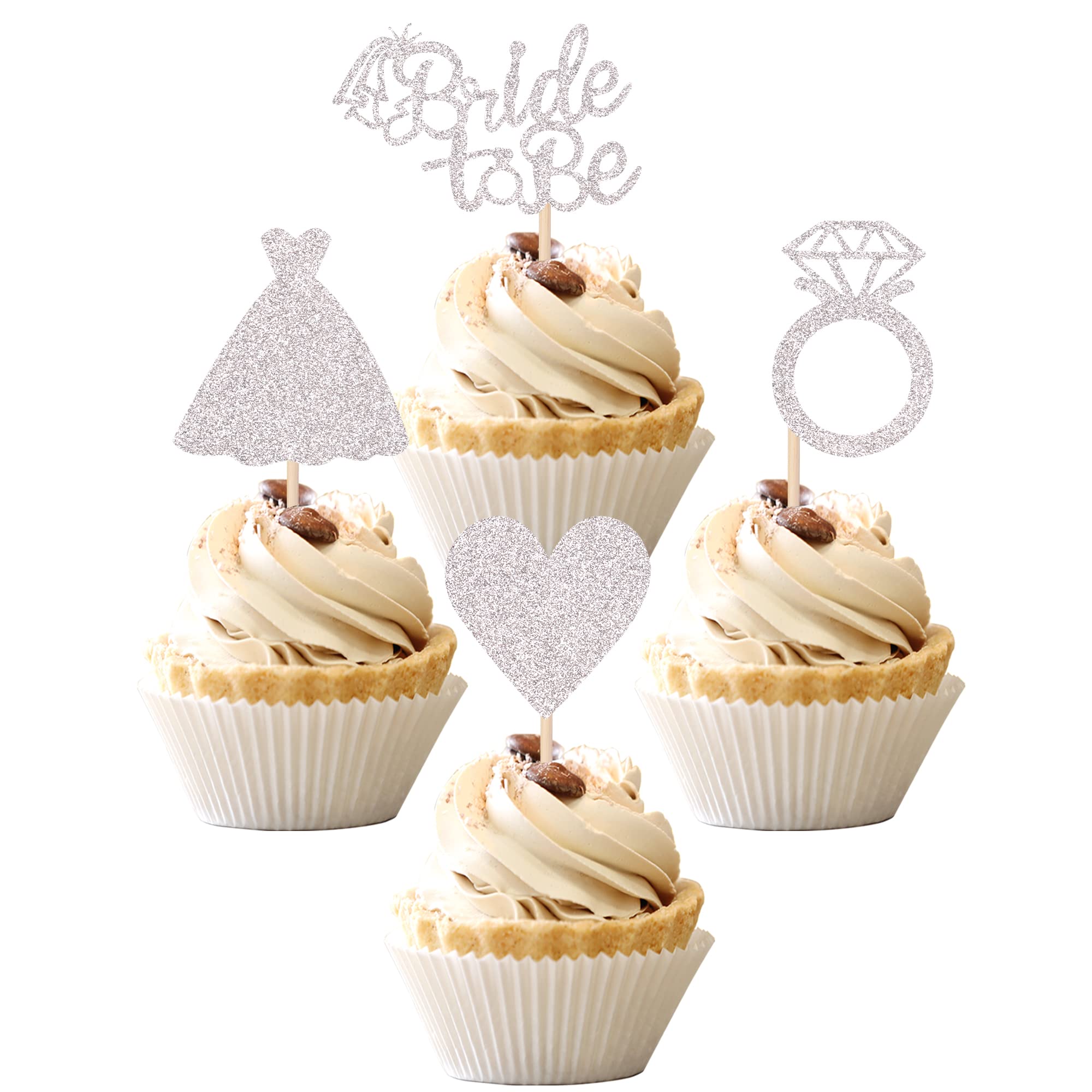 24 PCS Bride to Be Cupcake Toppers - Heart Ring Dress Bridal Shower Cupcake Picks for Wedding, Engagement & Bachelorette Party - Silver Cake Decorations Supplies - Perfect for Bridal Showers, Wedding Receptions & Bachelorette Desserts