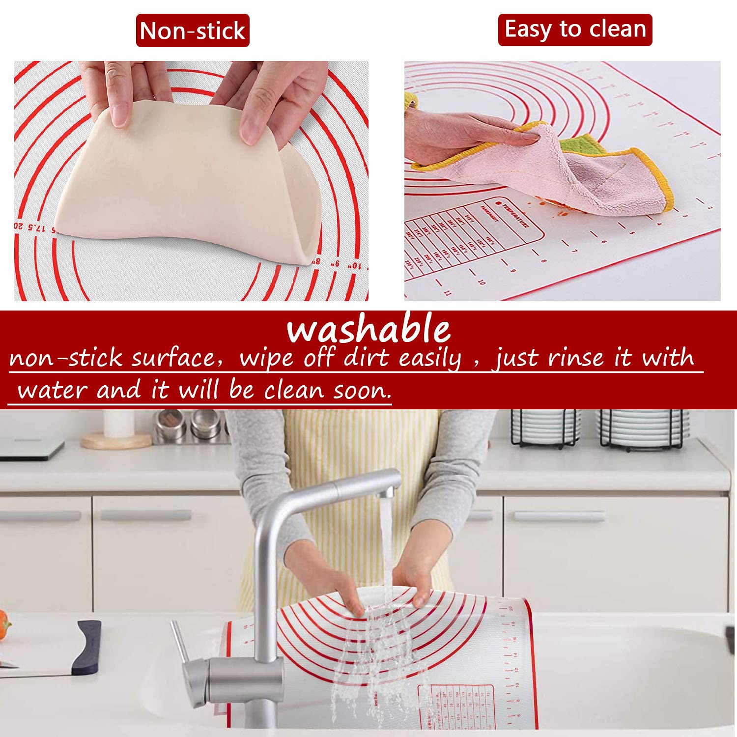 Non-Slip Silicone Pastry Mat for Rolling Dough, Fondant & Pie Crust - Extra Thick Baking Sheet, Oven Safe Counter Mat (16