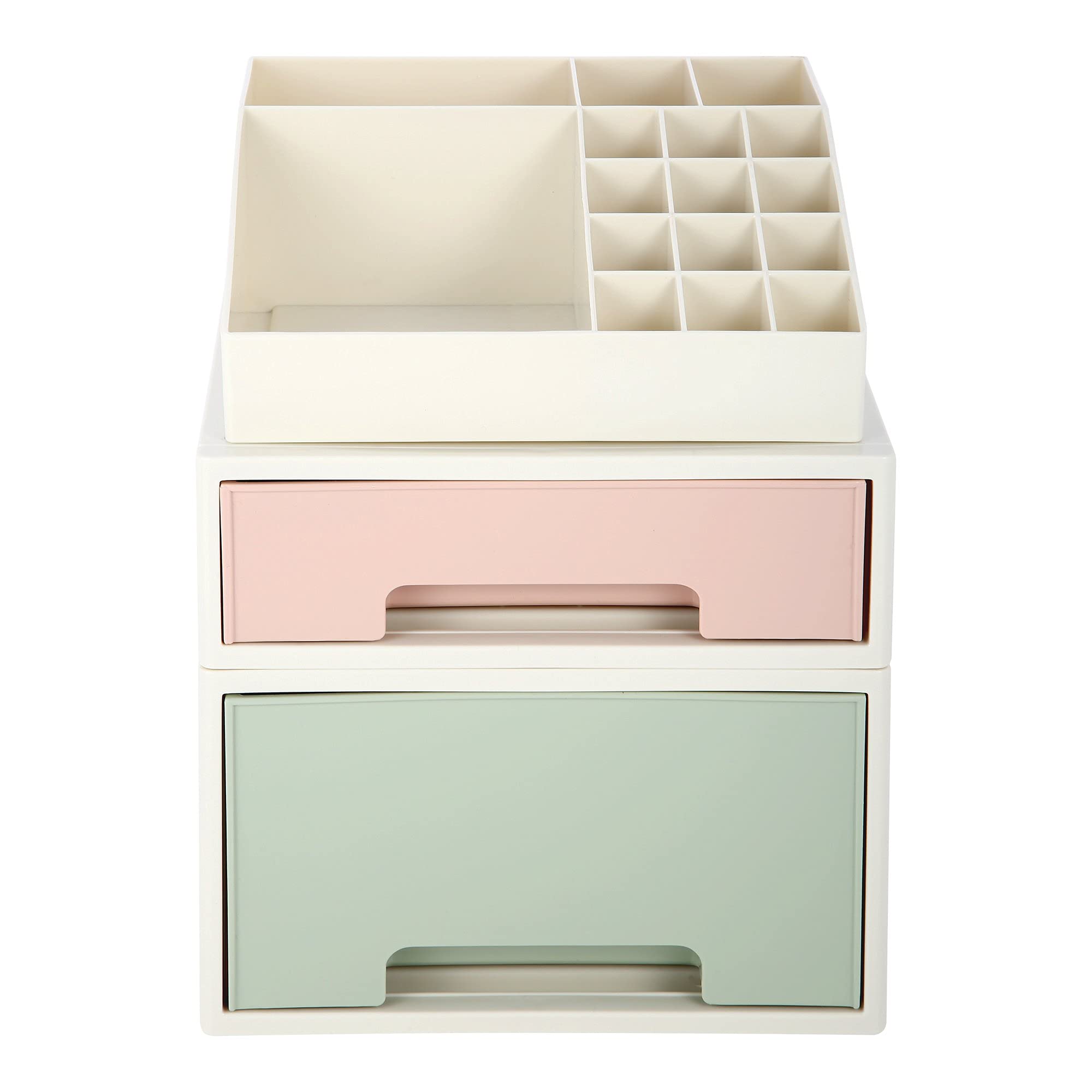 Multifunctional Makeup Organizer Box with 2 Drawers & 16 Slots - Cosmetic Storage, Desk Organizer for Pens, Pencils, Remote Controls, Office Supplies & Business Cards - Perfect for Vanity, Office & Home Organization