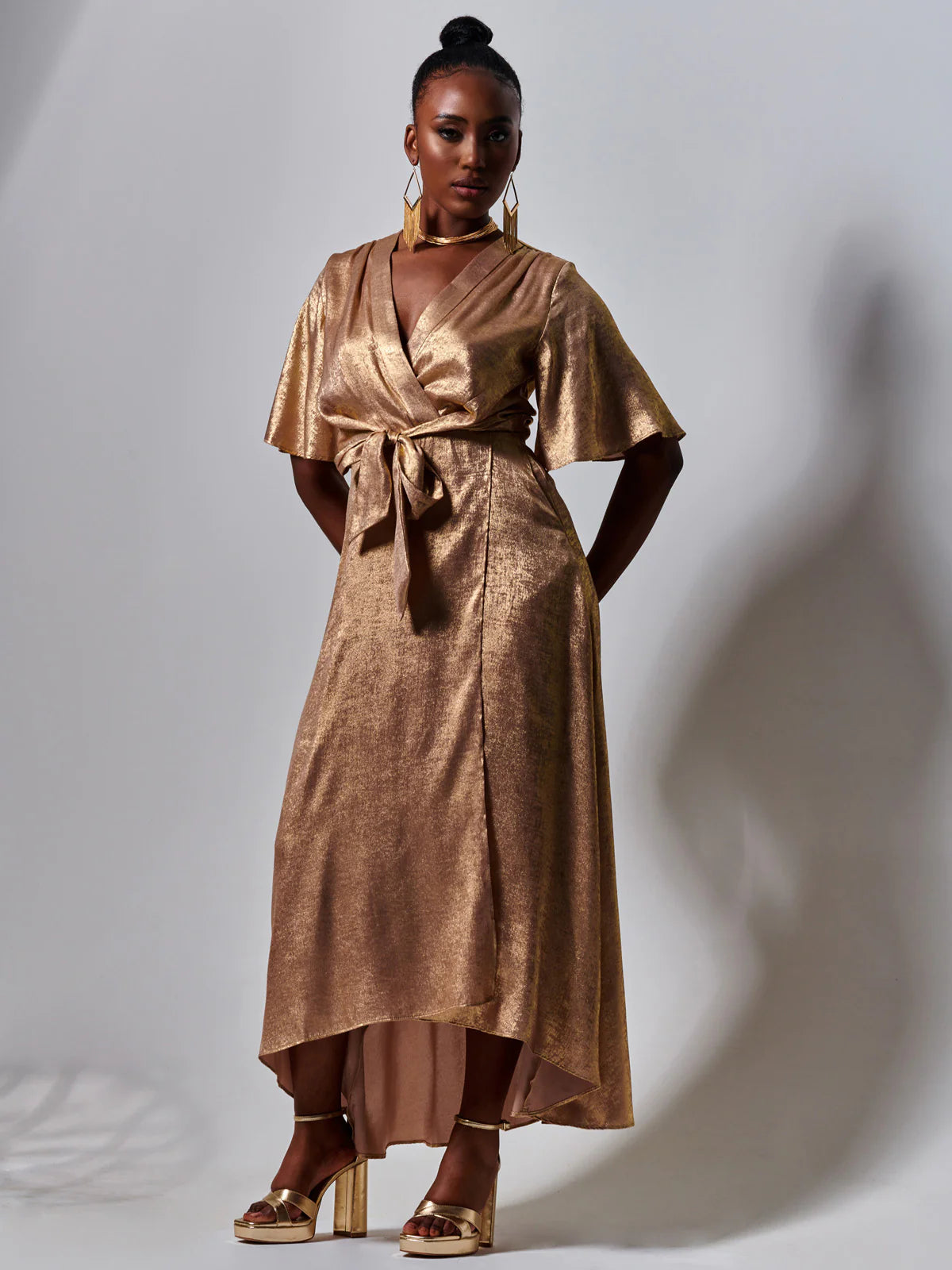Metallic Gold Wrap Maxi Dress for Women - Elegant Evening Gown for Party, Wedding & Special Occasions