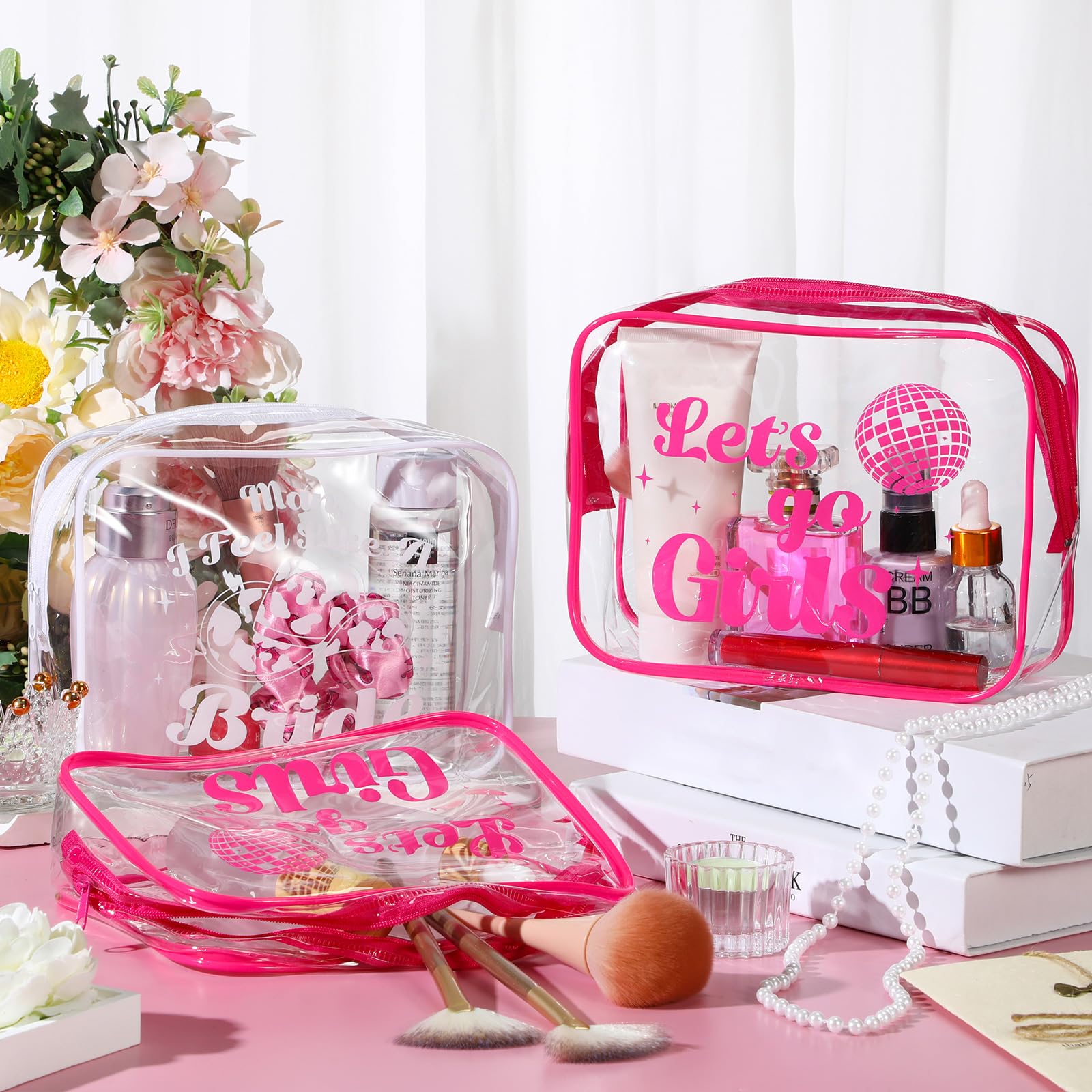 9 Pcs Let's Go Girls Bachelorette Makeup Bags - Clear PVC Cosmetic Pouches with Zipper for Bride & Bridesmaids - Perfect for Wedding, Bridal Shower & Bachelorette Party Gifts - Great for Travel, Gym & Daily Beauty Organizer