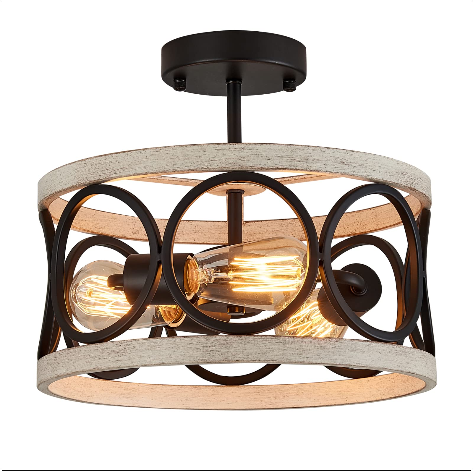 3-Lights Modern Farmhouse Ceiling Light Fixture - Black & White Birch Finish Round Metal Flush Mount Lighting - Perfect for Kitchen, Dining Room, Bedroom, Entryway & Corridors - Energy Efficient LED Compatible - Rustic Home Decor Lighting Solution