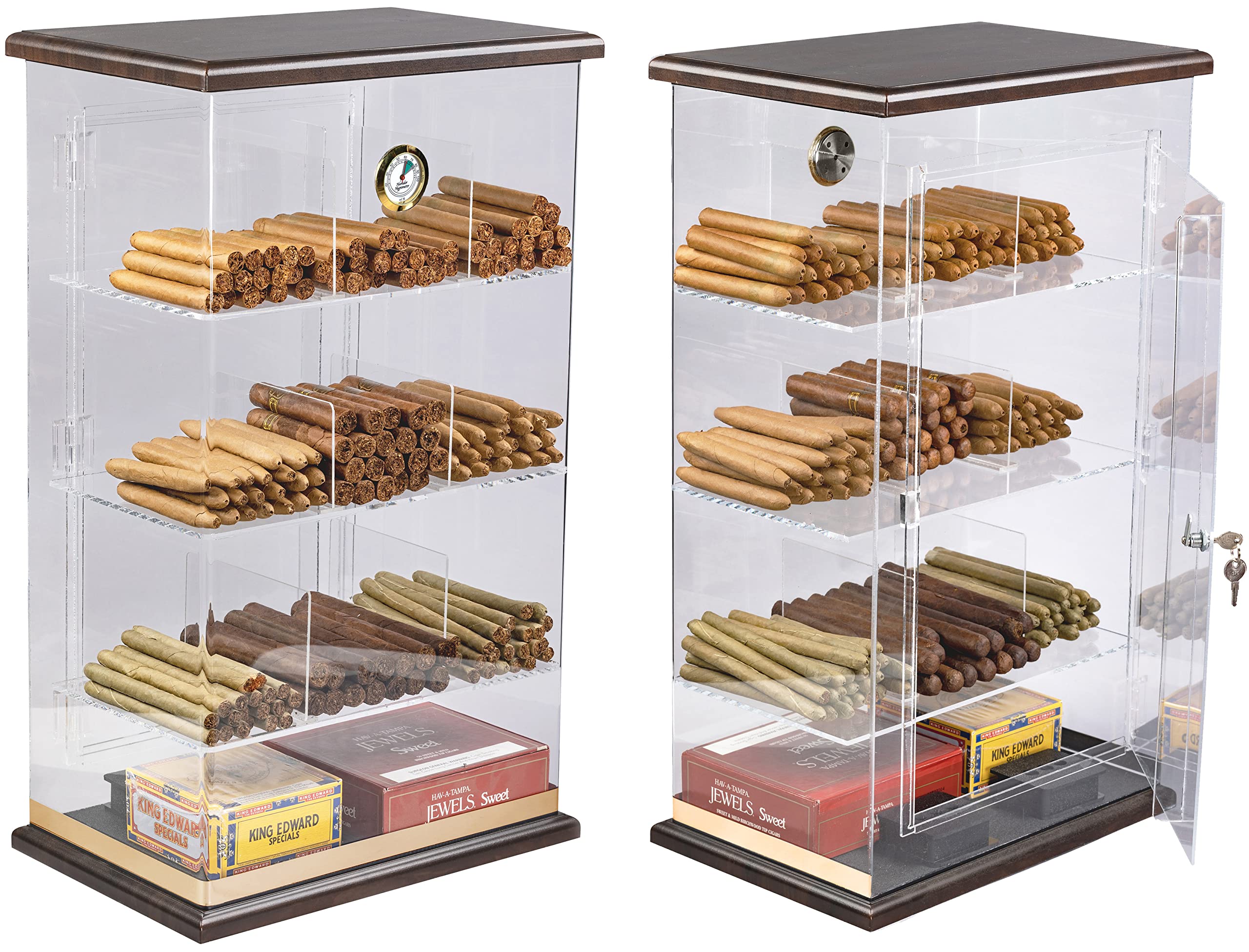 Prestige Import Group Roosevelt 250-Count Acrylic Cigar Humidor Case with Wood Base & Top, 9 Storage Bins & Built-in Hygrometer - Premium Cigar Storage Solution for Home, Office or Lounge