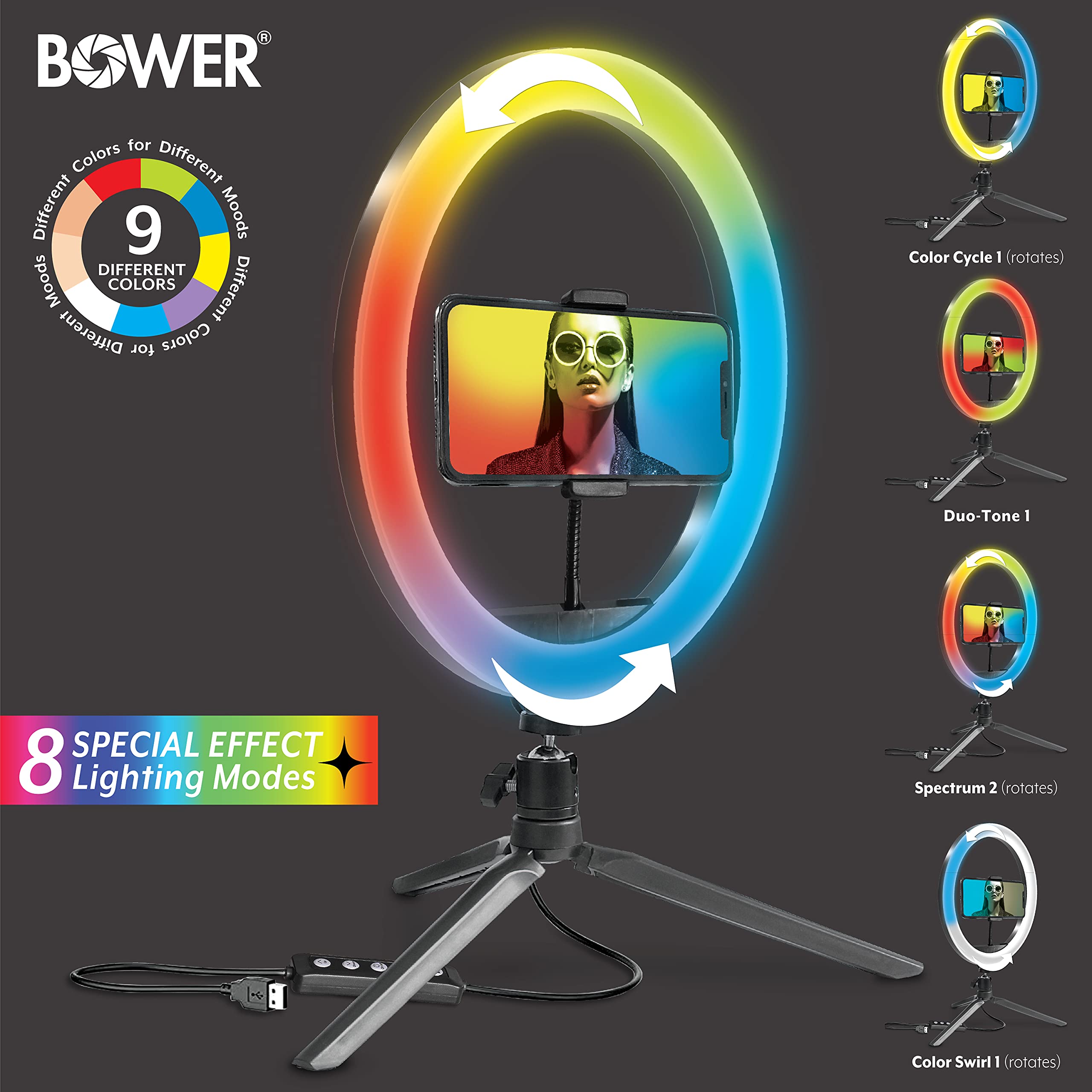 Bower 10 Inch RGB Selfie Ring Light with Stand - 9 Colors, 12 Brightness Levels, Special Effects, Tripod & Phone Holder for Photography, YouTube Videos, Live Streaming & Makeup Studio Lighting
