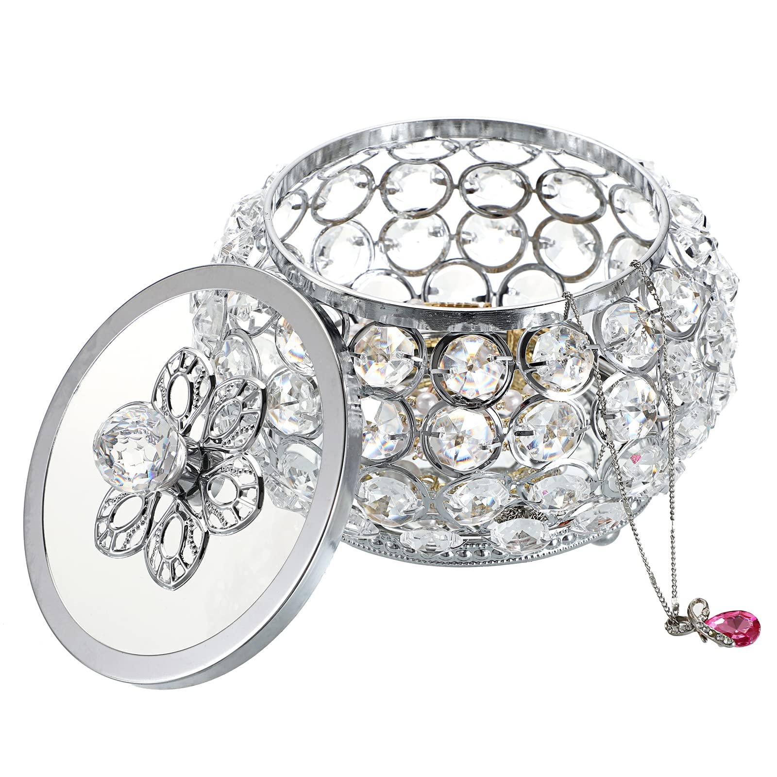 Hipiwe Silver Mirrored Jewelry Box with Glass Lid - Elegant Crystal Trinket Box for Ring, Earrings & Necklace Storage - Perfect Gift for Women & Girls - Ideal for Vanity, Dresser & Travel Organizer