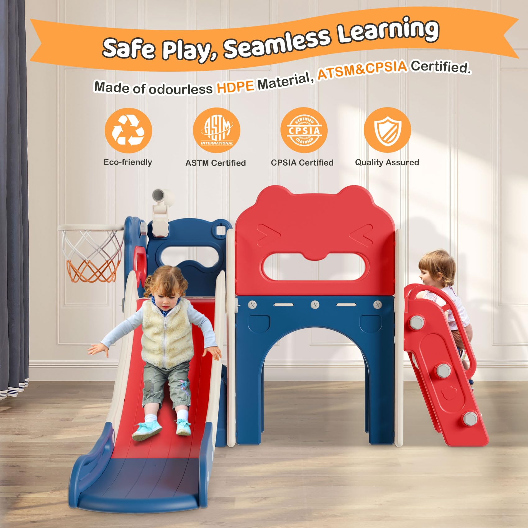 **Babytronic 7-in-1 Toddler Slide & Playset for Kids Ages 1-3 – Indoor & Outdoor Slide with Basketball Hoop & Telescope – Blue & Red – Perfect for Playrooms, Backyards, and Daycares**