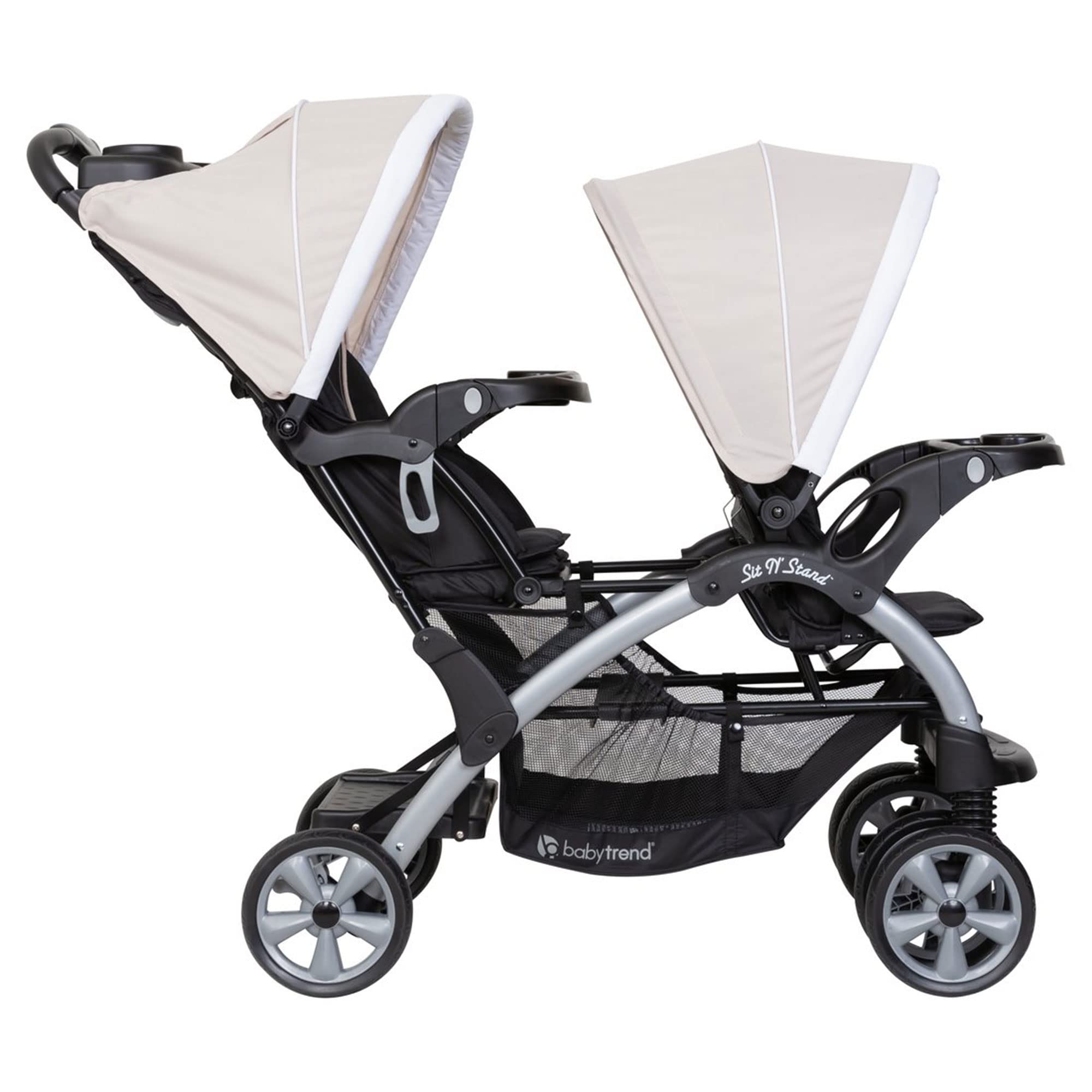Baby Trend Double Sit N' Stand Stroller for Infant & Toddler - Lightweight Travel Stroller with 5-Point Harness & Storage Basket (Khaki) | Perfect for Twins, Siblings or Daycare Use
