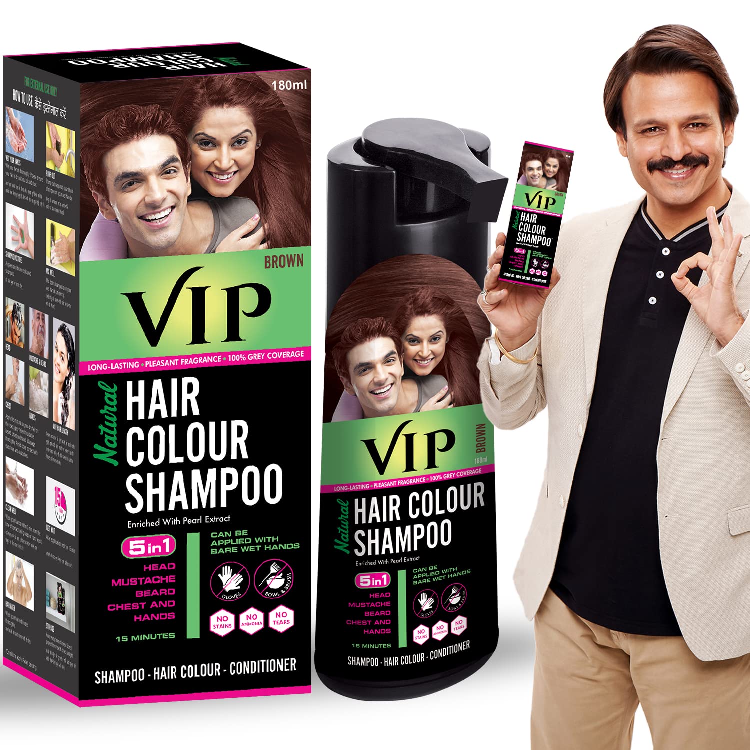 VIP Brown Hair Color Shampoo 180ml - Quick Gray Coverage in 15 Minutes for Women & Men | Natural Hair Dye Alternative | At-Home Salon Quality Hair Coloring | Perfect for Touch-Ups, Root Coverage & Daily Hair Care