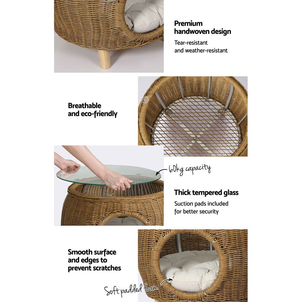Stylish Wicker & Aluminum Coffee Side Table with Pet Bed Storage - Perfect for Living Room, Patio, and Outdoor Spaces