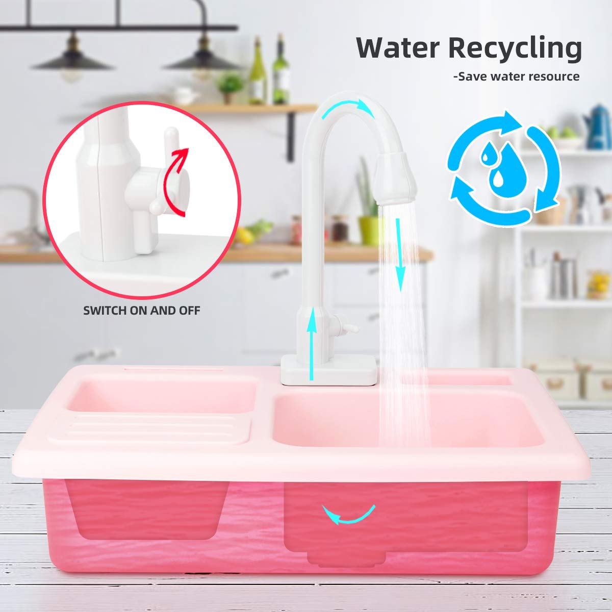 BOBXIN Kids Pretend Play Kitchen Sink with Running Water - Electric Dishwasher Toy Set with Upgraded Working Faucet & Dishes - Role Play Kitchen Water Toys for Toddlers & Preschoolers (Perfect for Birthday Gifts & Indoor Pretend Play)