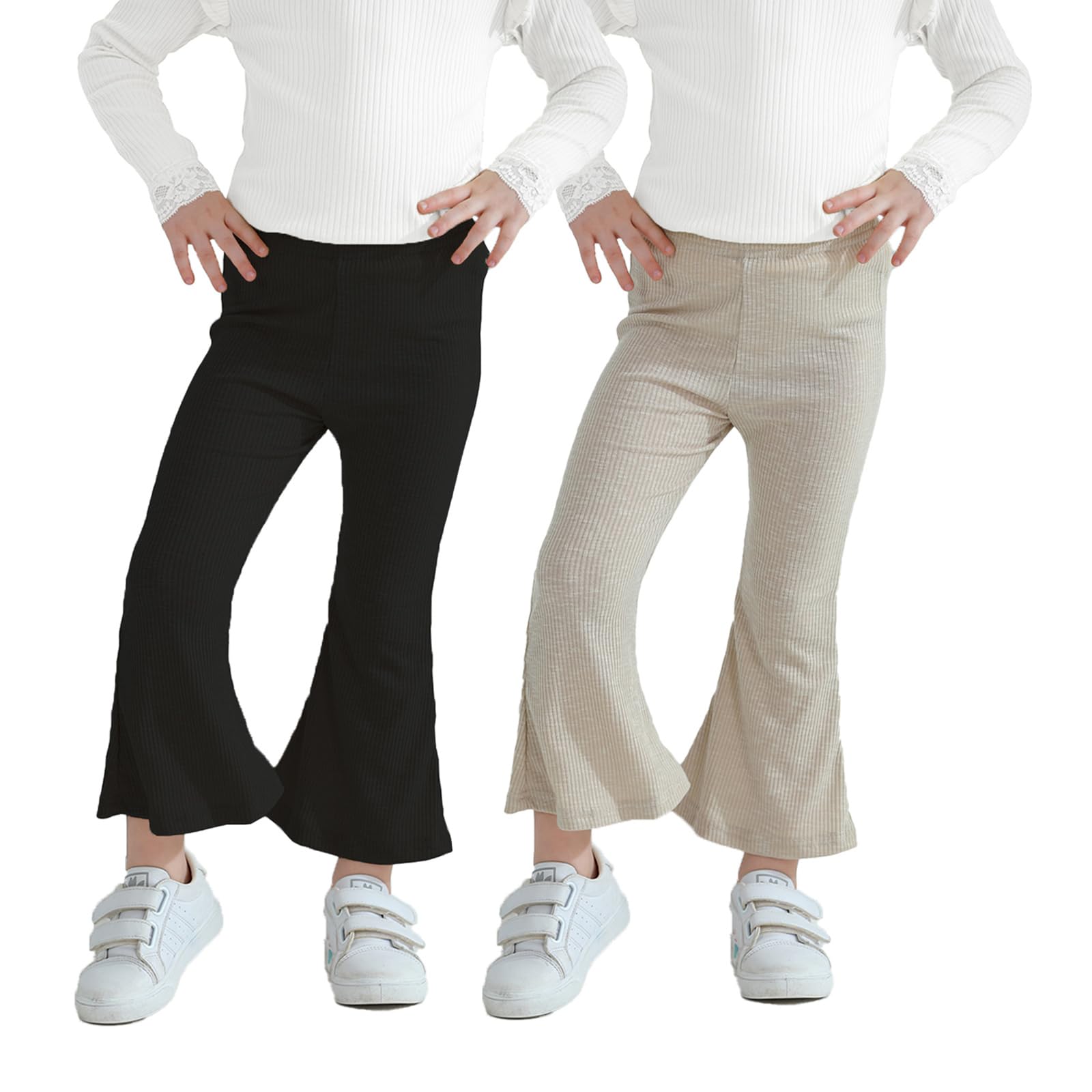Xanbix Girls High Waisted Flare Leggings - 2 Pack Soft Stretchy Bell Bottom Pants for Teens (Black & Oats) | Perfect for School, Dance & Casual Outfits