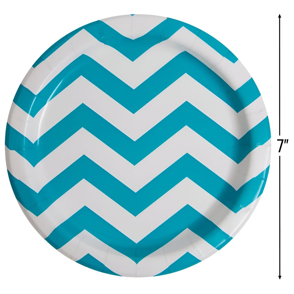 7-Inch Unique Chevron Round Dessert Paper Plates in Caribbean Teal - Perfect for Birthday Parties, Baby Showers & Elegant Events