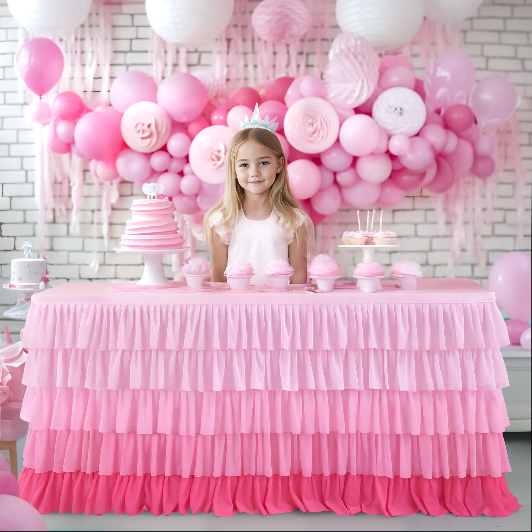 14ft Pink Tutu Tulle Table Skirt - Elegant Chiffon Tablecloth for Rectangle & Round Tables | Perfect for 1st Birthday Parties, Baby Showers, Girls' Parties, Cake & Dessert Table Decor | Washable Ruffle Table Skirting for Weddings, Bridal Showers & Home Decor