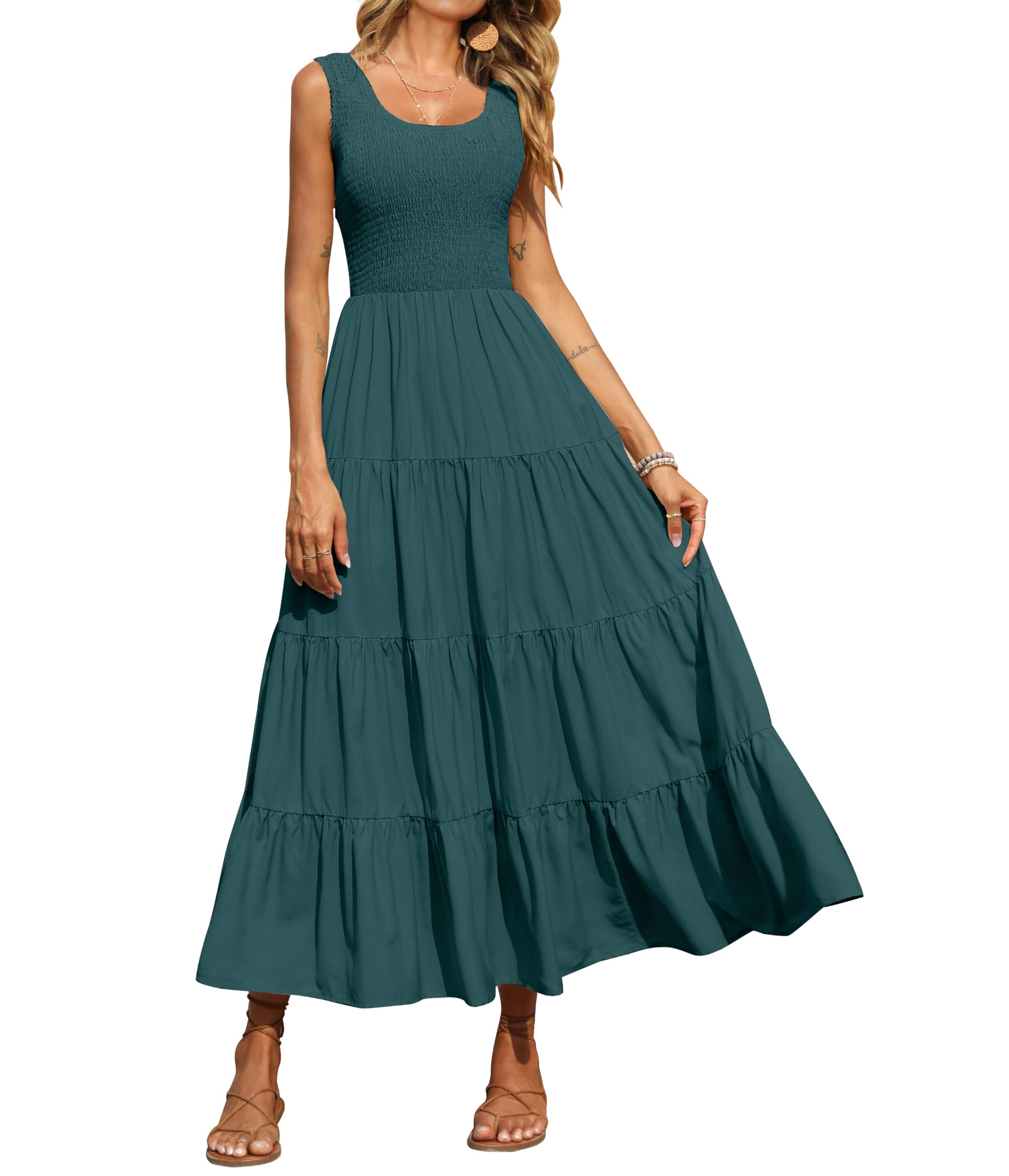 PRETTYGARDEN Women's Casual Loose Plain Maxi Sundress - Smocked Tank Dress Sleeveless Summer Beach Tiered Long Dress for Vacation, Pool Party & Outdoor Activities
