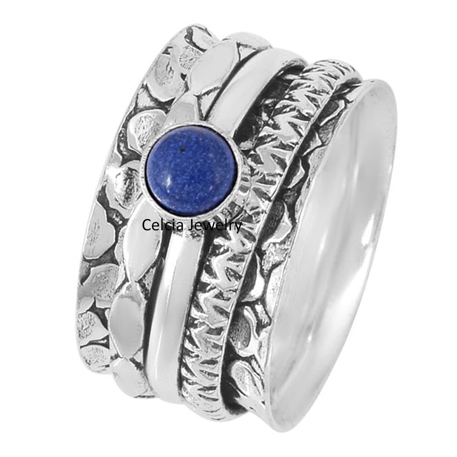 Natural Lapis Lazuli Round Gemstone Spinner Ring - Sterling Silver Anxiety Relief & Meditation Jewelry - Handmade Worry Fidget Ring for Stress Relief - Size 7 US - Perfect for Meditation, Gift Giving & Everyday Wear
