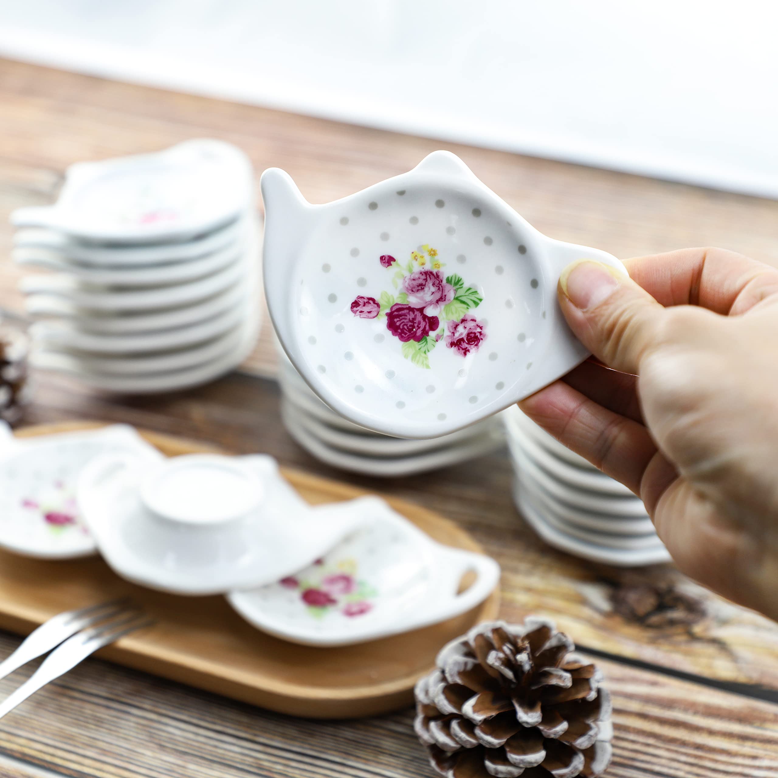 Polka Dot Floral Tea Bag Holder - Porcelain Teapot-Shaped Coaster & Saucer Set (4 Inch/10cm, 5-Piece) - Perfect for Tea Parties, Kitchen Decor, and Gift Giving