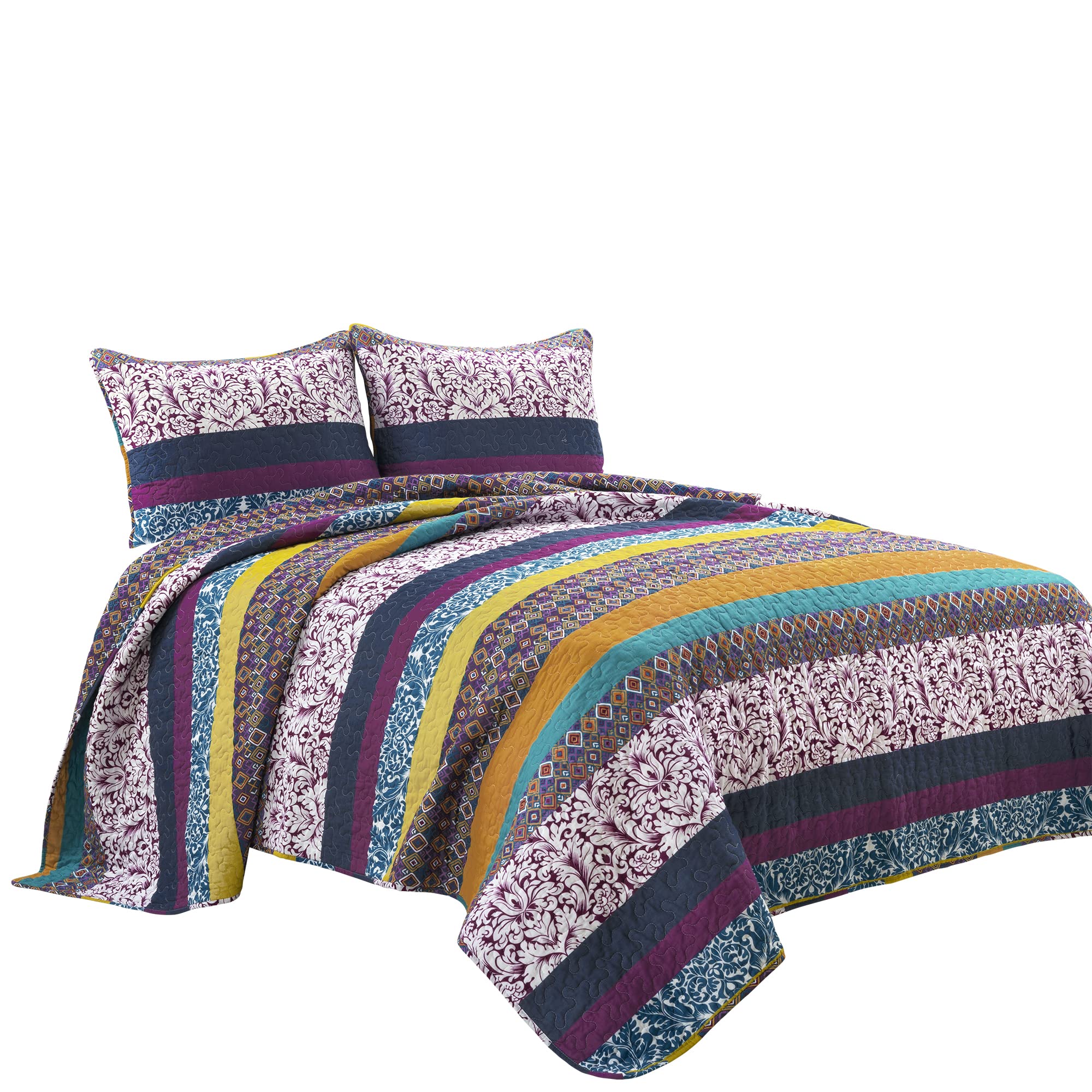 Lush Decor Boho Stripe Reversible Cotton Quilt 3-Piece Set | Full/Queen Size | Plum & Yellow Bohemian Bedding | Soft & Breathable Cotton | Perfect for Guest Rooms, Dorms & Bohemian Bedroom Decor