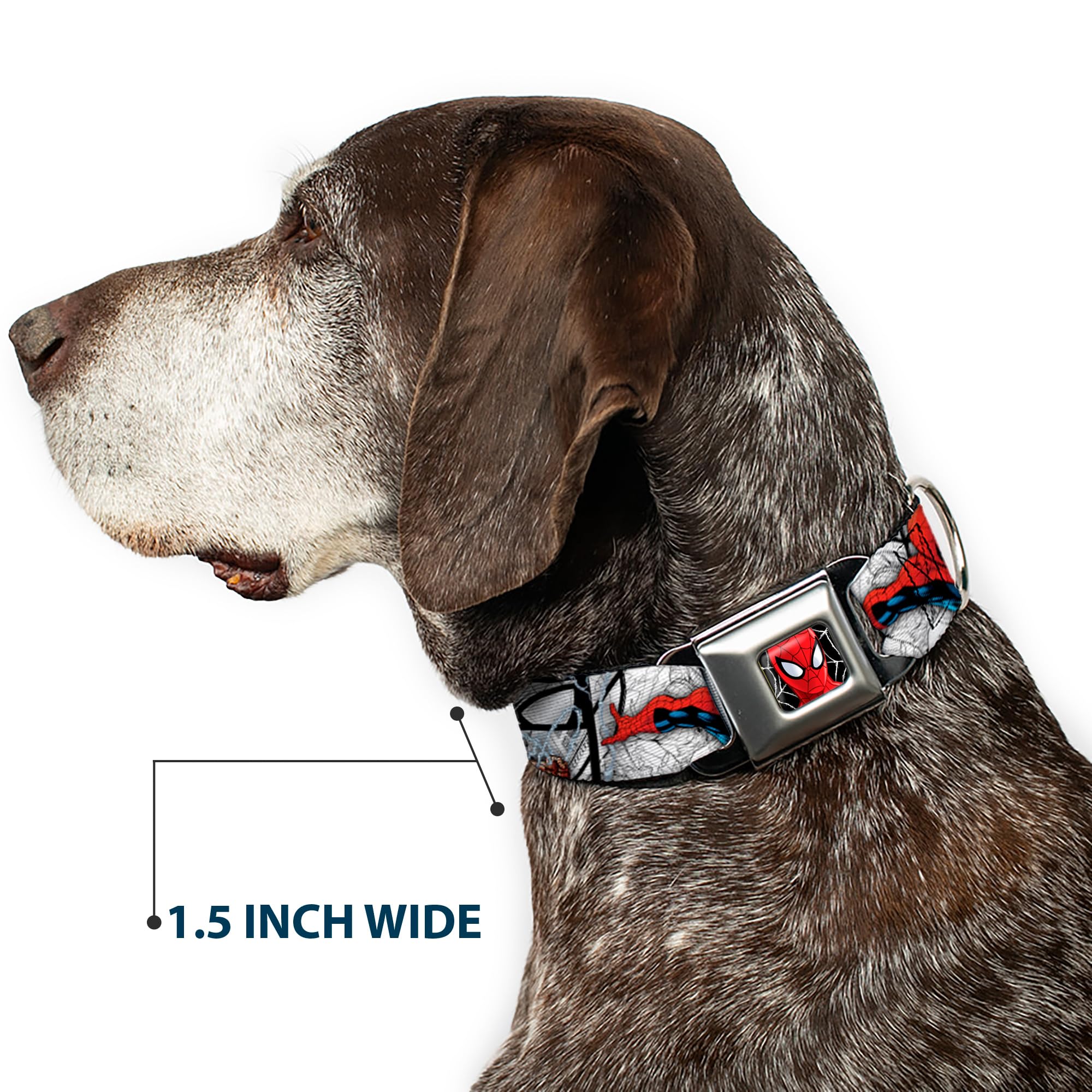 Spider Man Dog Collar with Seatbelt Buckle - 18 to 32 Inches Adjustable Pet Collar - 1.5 Inch Wide Nylon Dog Collar for Small Medium Large Dogs - White Black Red Comic Design - Perfect for Cosplay, Comic Con & Superhero Themed Events
