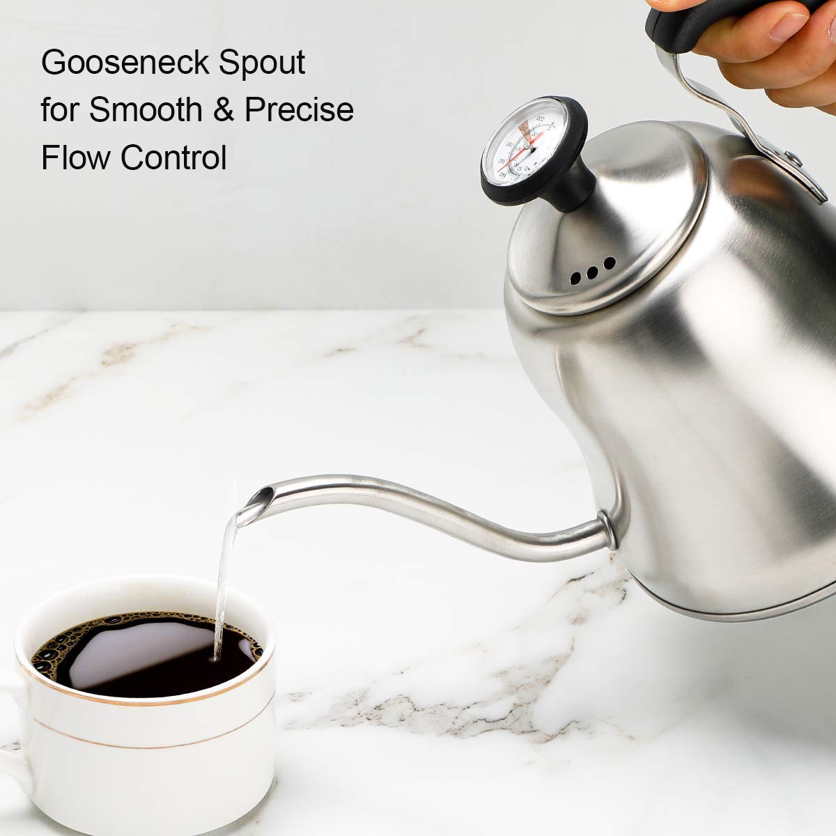 Premium Brushed Silver Gooseneck Kettle with Thermometer - Stovetop Electric Pour Over Coffee & Tea Kettle - Perfect for Home Brewing, Specialty Coffee, and Tea Ceremonies