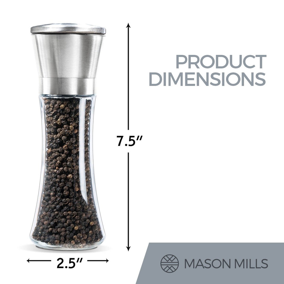 Premium Stainless Steel Salt and Pepper Grinder Set - 2-Piece Refillable Mills with Himalayan Pink Salt & Premium Black Pepper - Glass & Steel Design - Large Capacity Top-Loading Shakers by Mason Mill - Perfect for Kitchen, Dining Table & Gourmet Cooking