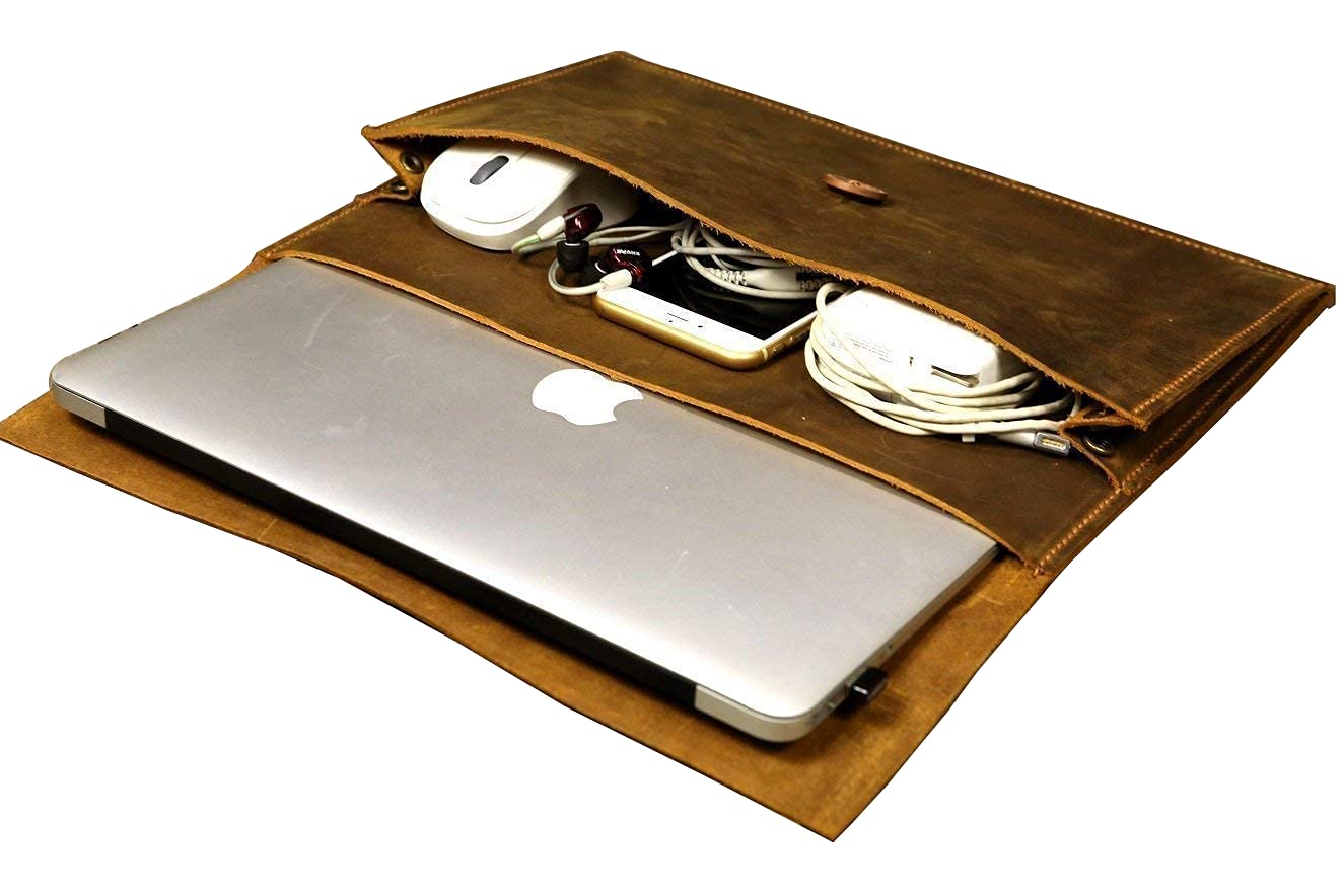 Premium Handmade Leather MacBook Sleeve Case for 2023 MacBook Pro 14/16 & 2022 MacBook Air 13/15 - Durable Laptop Bag with Soft Interior Protection - Perfect for Office, Travel & School (MACX05S-B)
