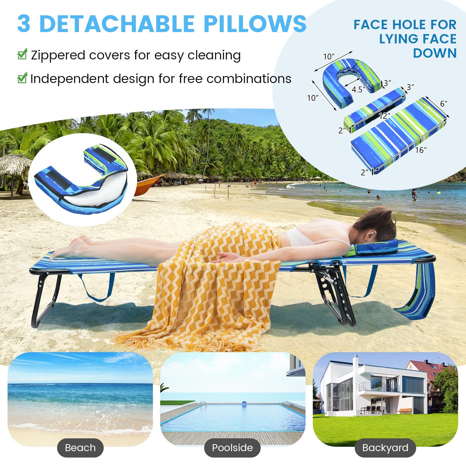 GYMAX 350lbs Heavy Duty Tanning Chair with Face Hole - Adjustable Folding Chaise Lounge for Beach, Pool, Patio - Includes Washable Pillow & Carry Strap - Perfect for Sunbathing, Relaxing Outdoors, Backyard Lounging (Stripe)
