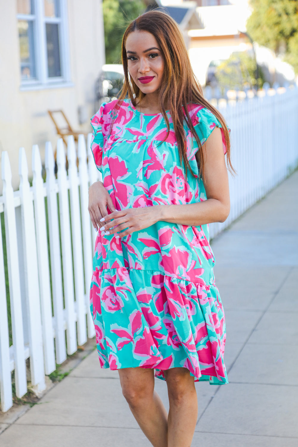 Diva Dreaming Aqua Floral Print Tiered Ruffle Sleeve Dress for Women - Elegant Summer Party Dress for Weddings, Garden Parties & Date Nights