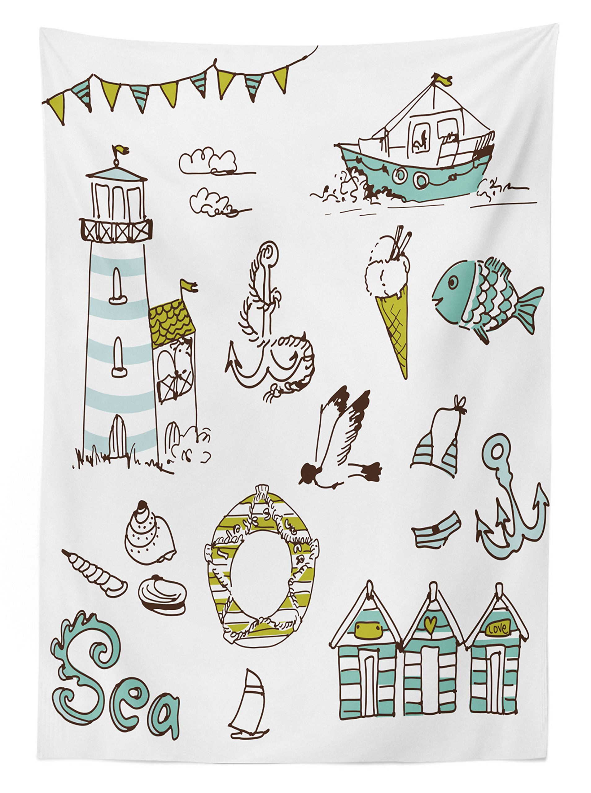 Ambesonne Waterproof Outdoor Tablecloth - Nautical Theme with Fish, Lighthouse, Anchor & Seagulls Print - Washable Picnic Table Cover 58x104 Inches in Pale Green & Yellow - Perfect for Beach Parties, Backyard BBQs & Coastal Dining Decor