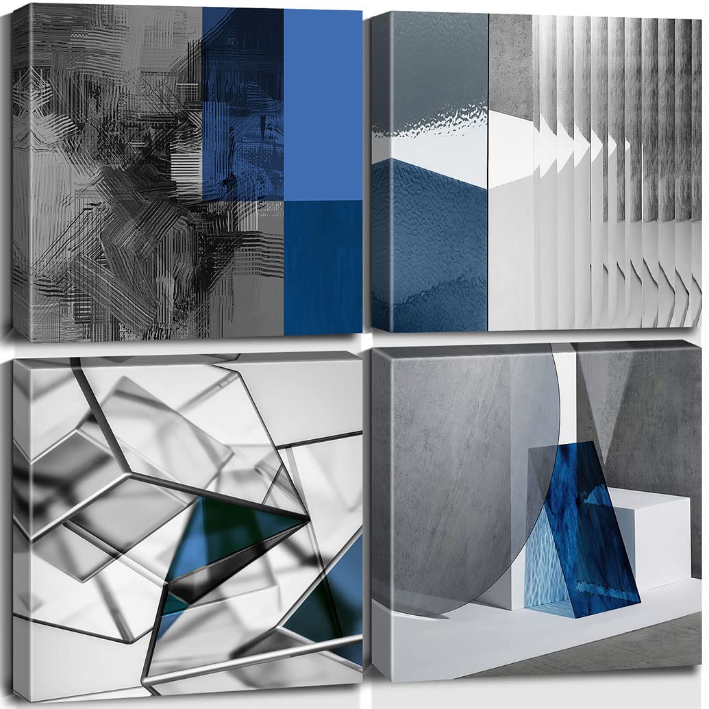 Biufo Abstract Geometric Canvas Wall Art Prints - Modern Blue Painting for Office, Bedroom & Living Room Decor - Set of 4 (12x12 Inches) - Perfect for Home Styling & Gift Giving