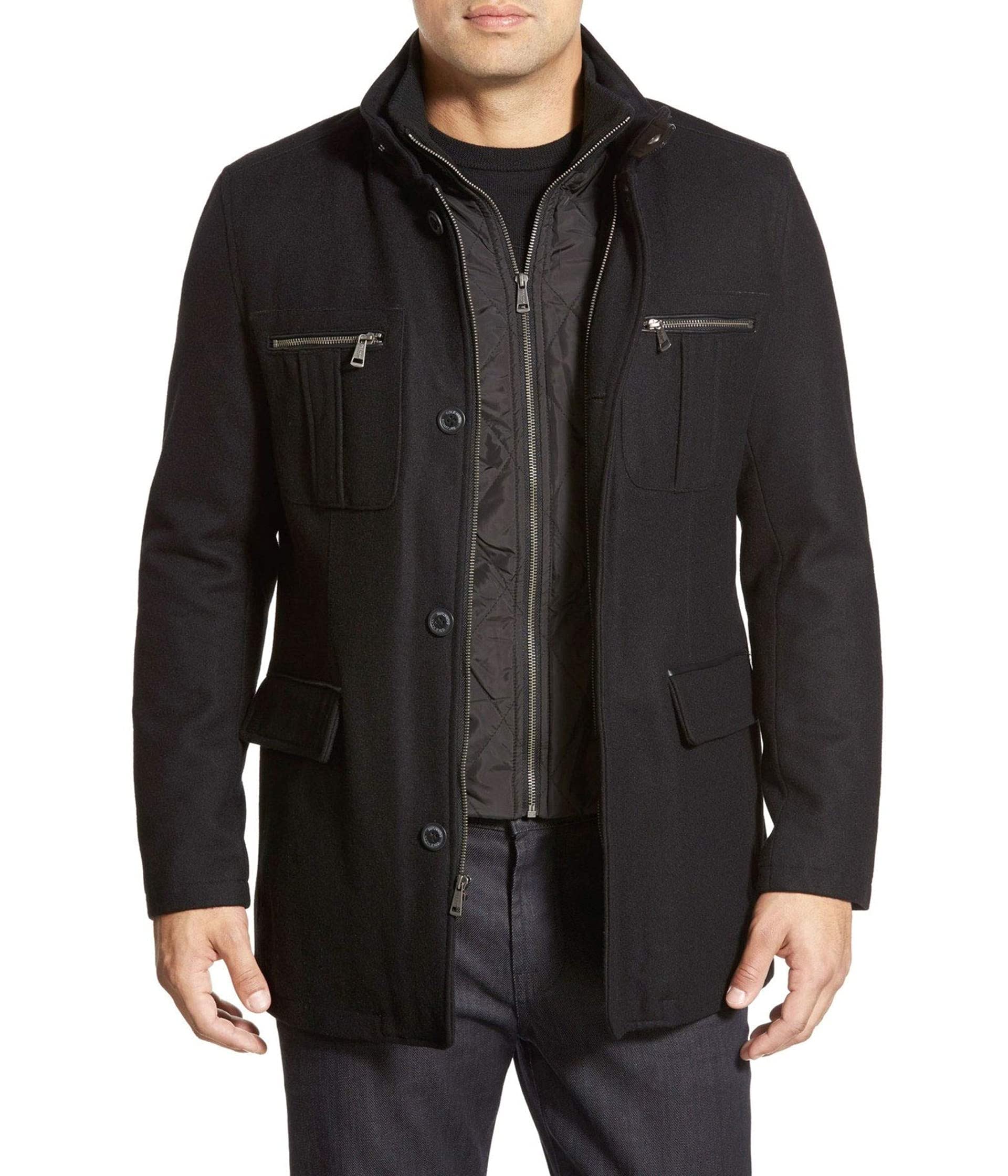 Cole Haan Men's Wool Melton Winter Coat with Nylon Bib - Water-Resistant Warm Overcoat for Business & Casual Wear | Perfect for Office, Commuting & Outdoor Activities