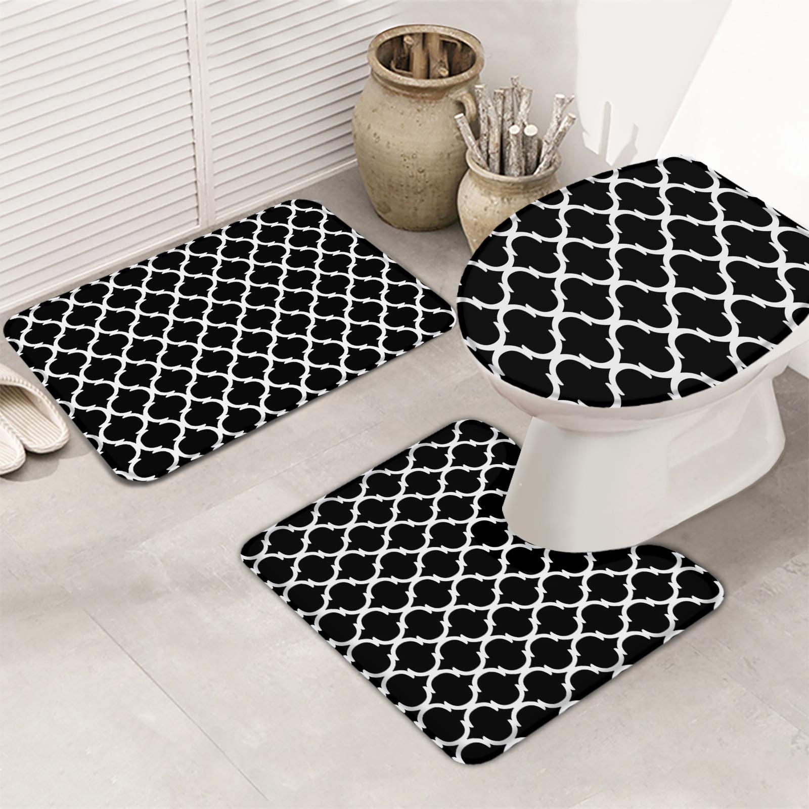 Premium 3-Piece Non-Slip Bathroom Rug Set - Soft Absorbent Black & White Moroccan Lattice Bath Mat for Shower, Bathtub & Vanity Area - Luxury Bath Decor for Modern Homes