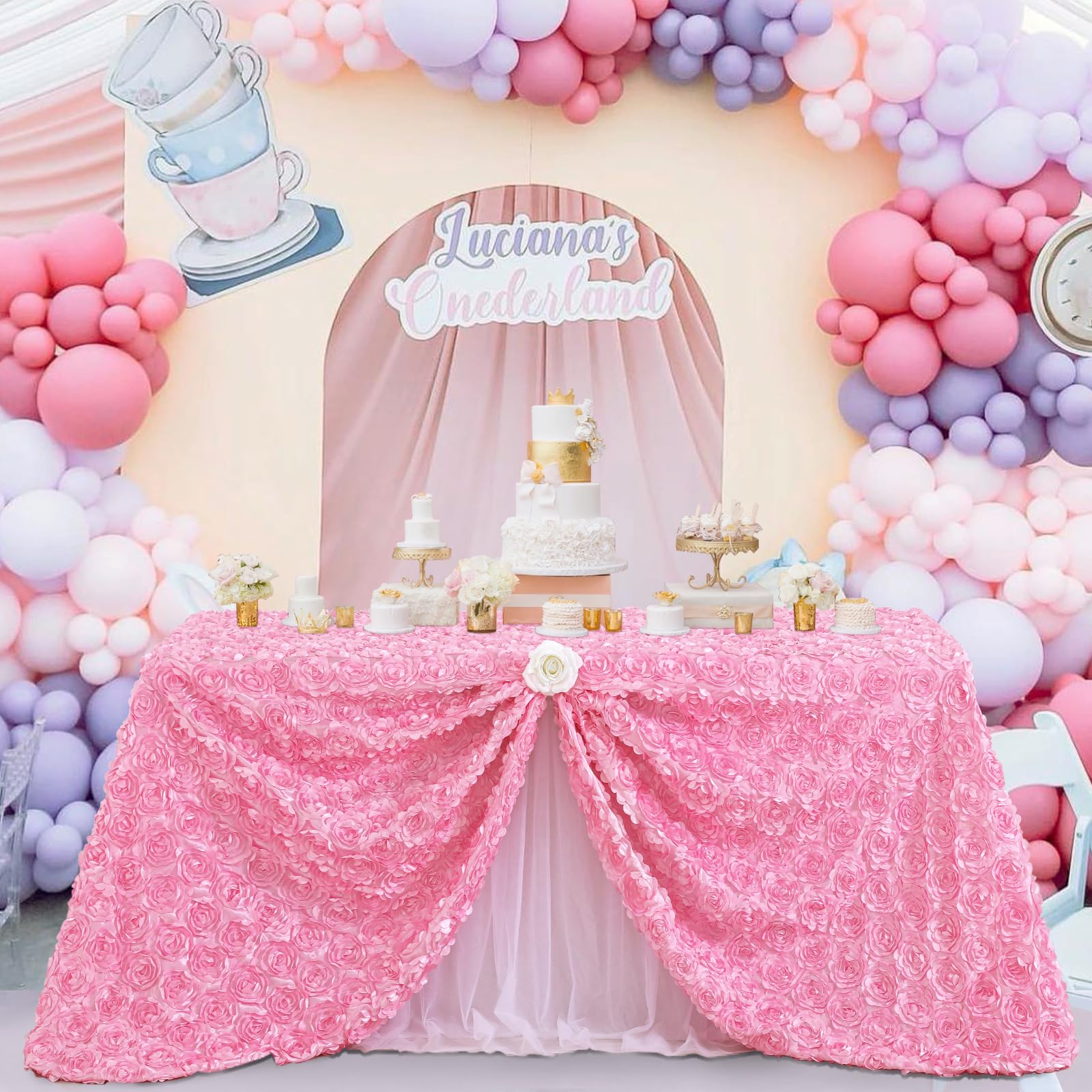 Fanqisi Pink Rosette Tablecloth 50x80 Inches - 3D Satin Rectangle Table Cover for Wedding, Birthday Party, Reception - Elegant Dining Table Decoration for Home & Event Decor