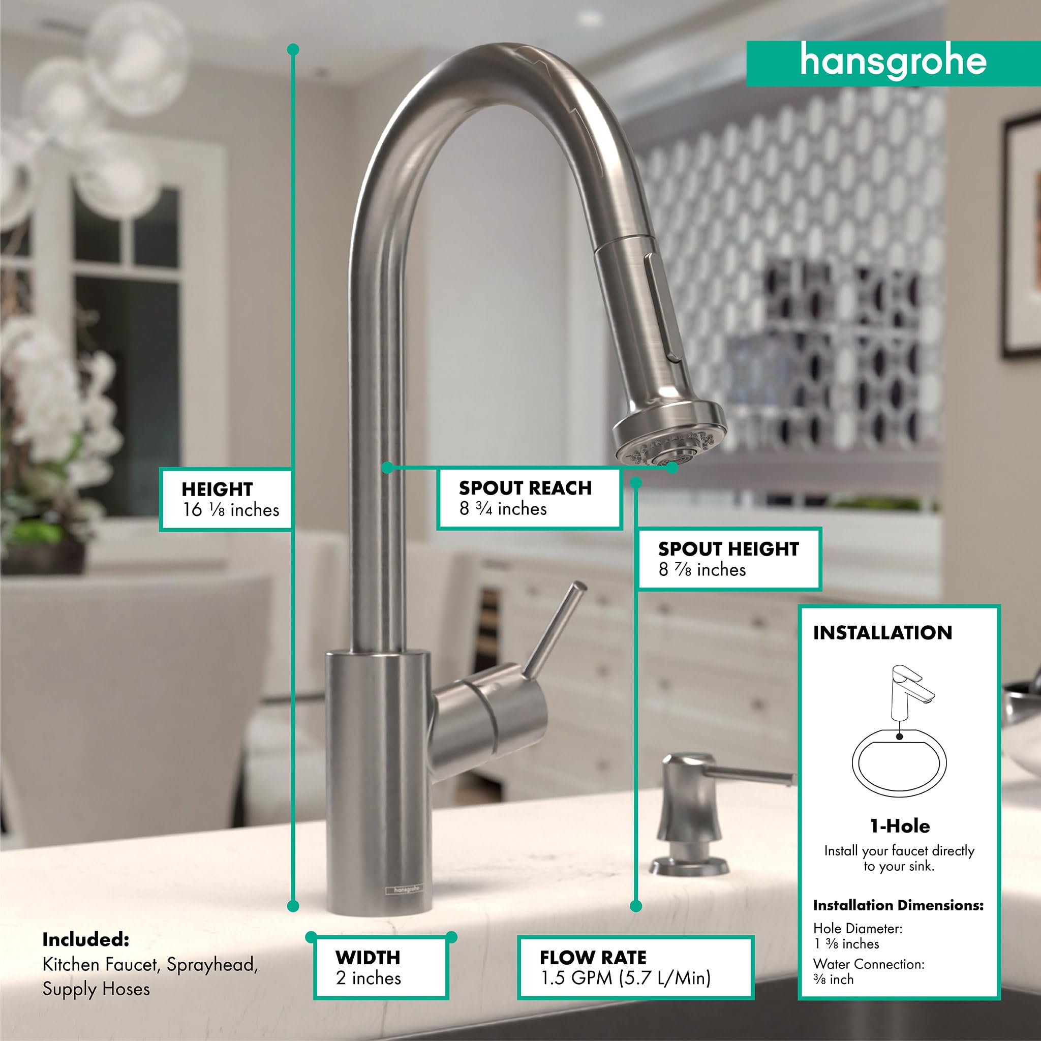 Hansgrohe Talis S² Stainless Steel High Arc Pull-Down Kitchen Faucet with Magnetic Docking Spray Head - Modern Design for Easy Cooking & Cleaning (Model 04310801)