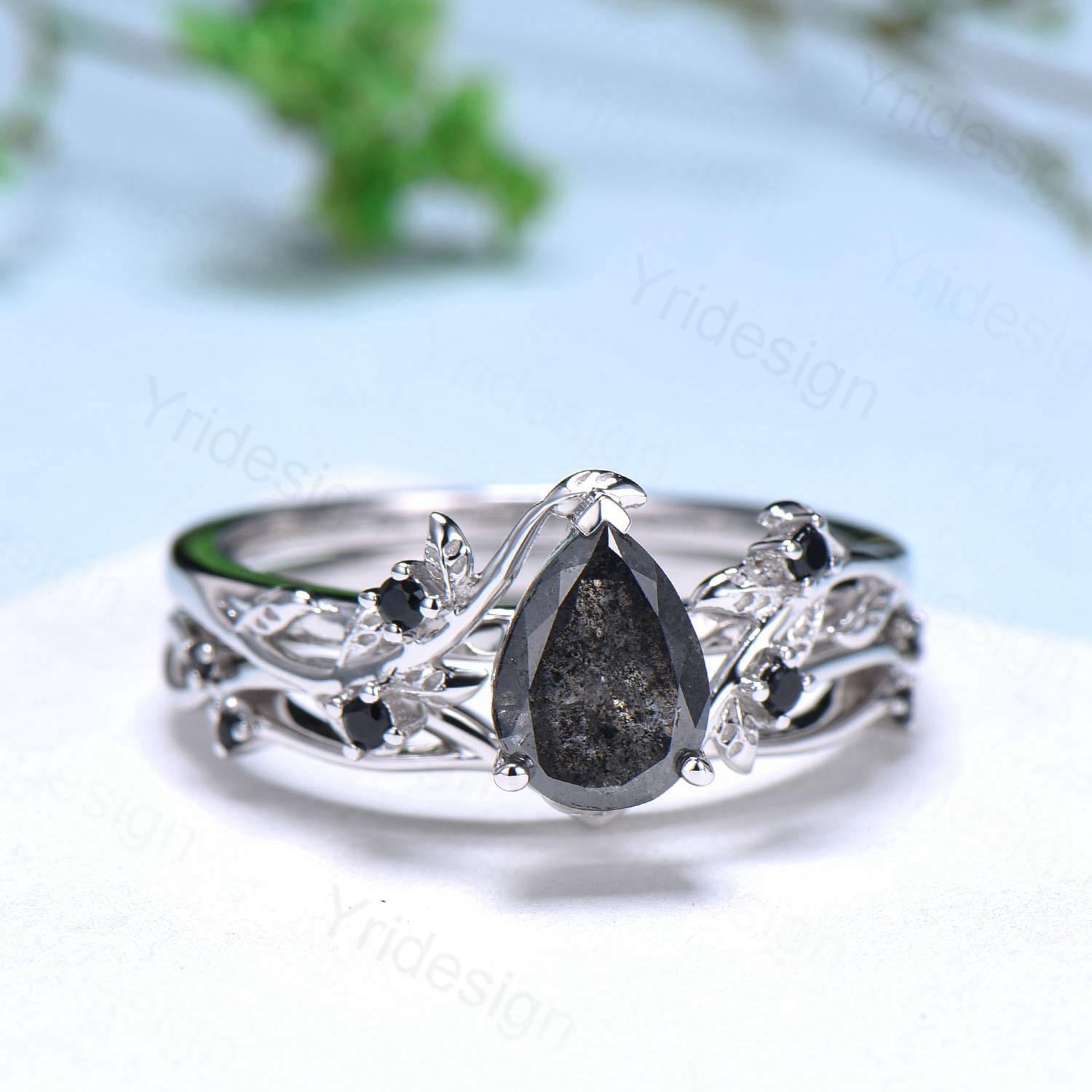 Vintage Pear-Shaped Salt and Pepper Diamond Engagement Ring - Nature-Inspired Twig Vine Bridal Set with Unique Leaf Design for Women | Perfect for Weddings, Anniversaries, and Romantic Proposals