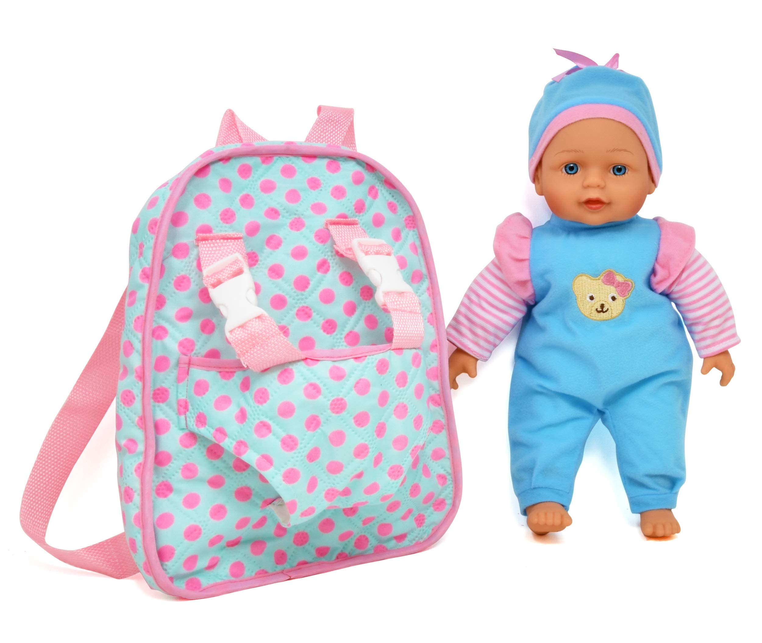 13-inch Soft Baby Doll with Pink Backpack Carrier - Fits Accessories & Clothes - Perfect for Pretend Play, Travel & Gifts for Toddlers