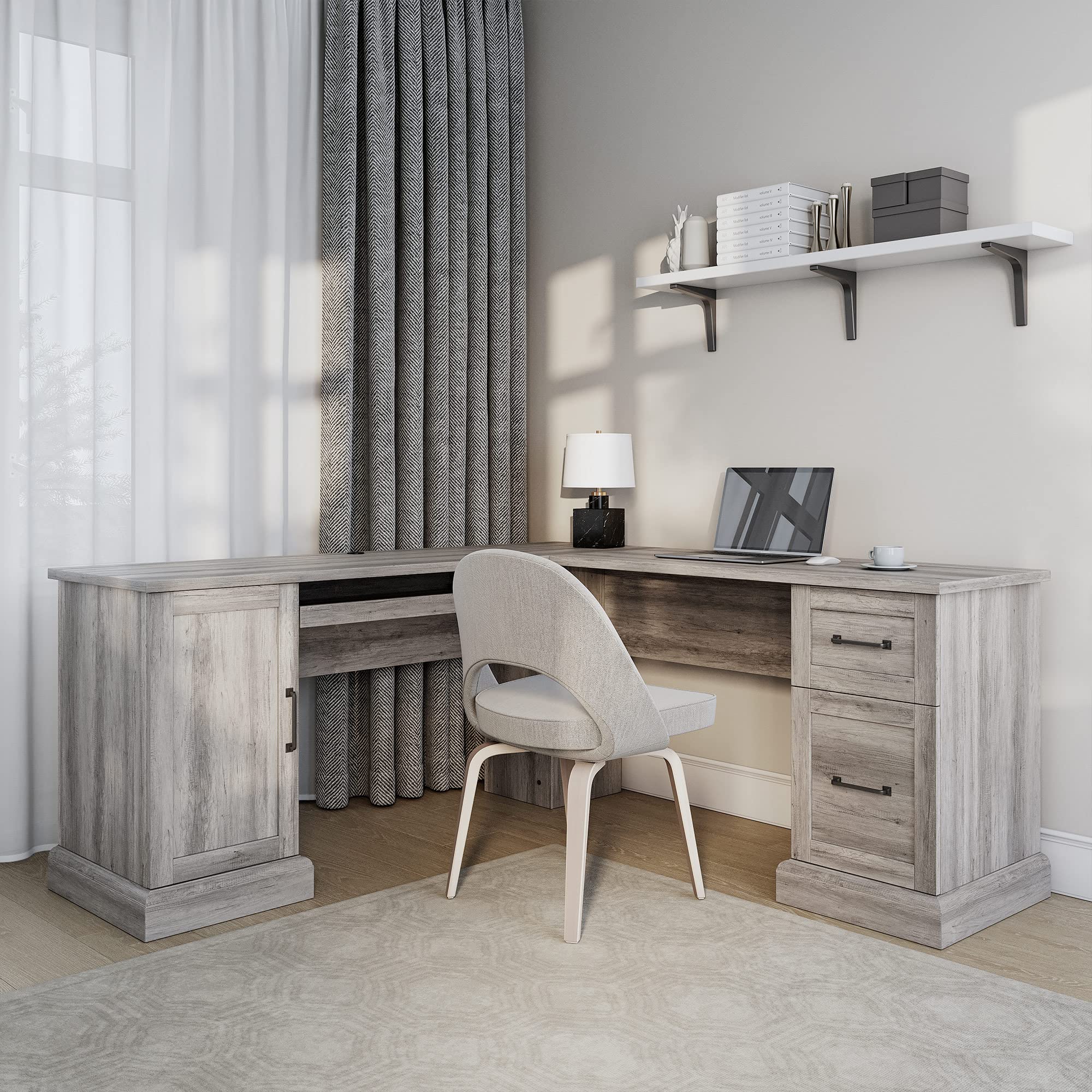 BELLEZE Modern L-Shaped Corner Desk for Home Office - Computer & Laptop Workstation with Keyboard Tray, 2 Drawers & Storage Cabinet - Gray Wash Finish | Perfect for Small Spaces, Gaming Setup & Remote Work
