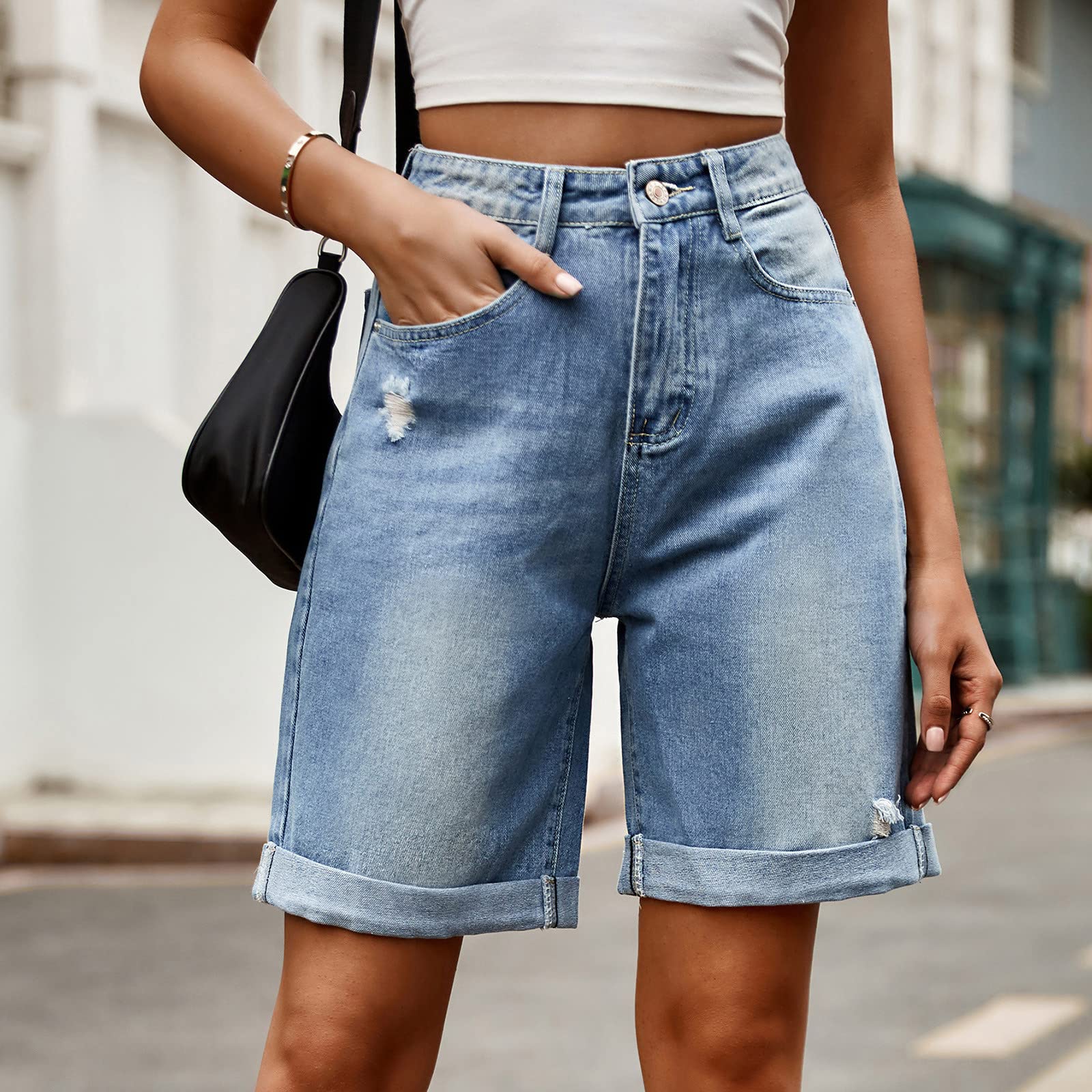 Women's High Waisted Wide Leg Denim Shorts - Summer Casual Ripped Knee Length Jean Shorts Plus Size | Perfect for Beach, Vacation & Everyday Wear