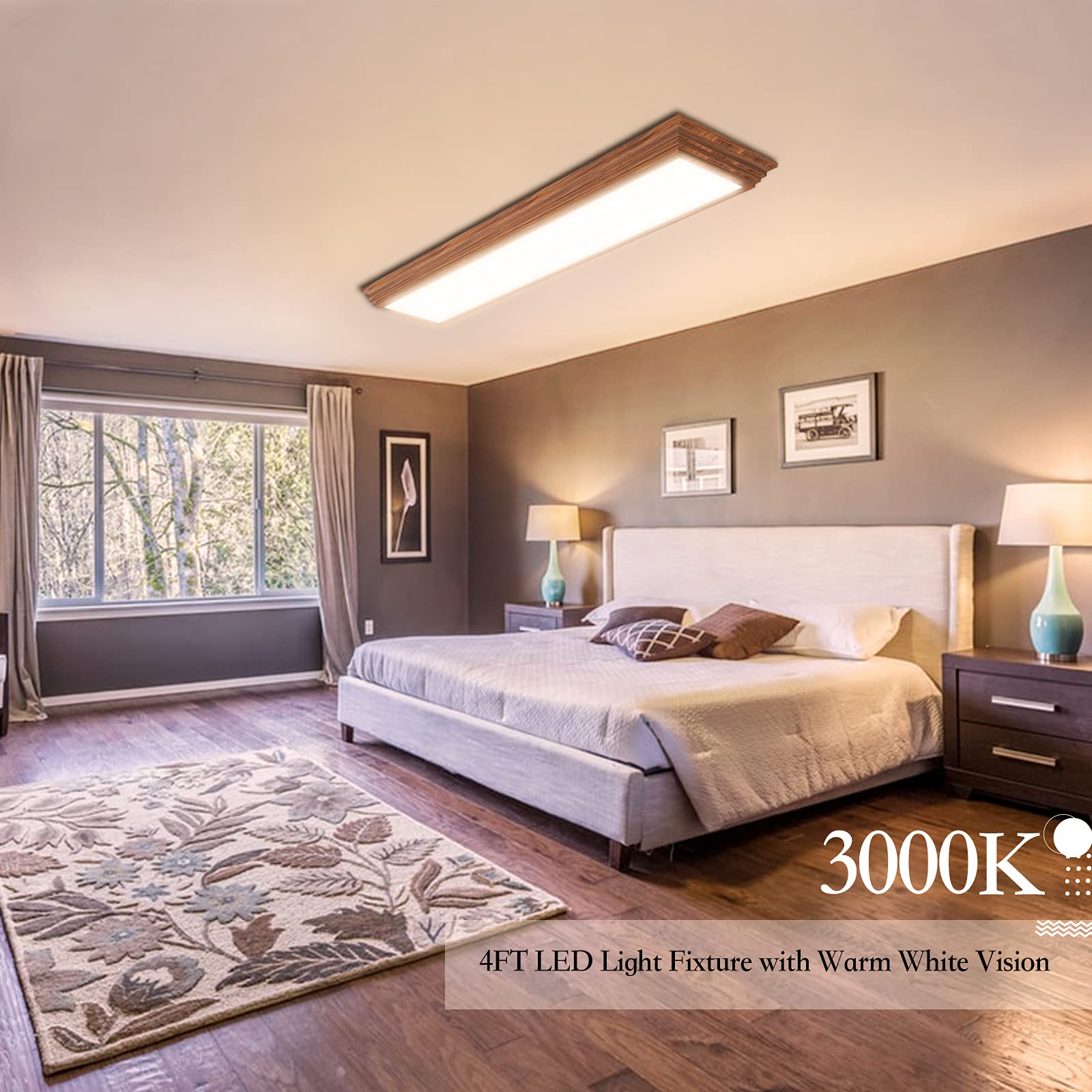 FAITHSAIL 4FT LED Light Fixture - 3000K/4000K/5000K Selectable Color Temperature, Dimmable 50W 5500LM Flush Mount Ceiling Light with Wooden Look - Perfect for Kitchen Lighting, Bedroom Ambiance & Laundry Room Illumination