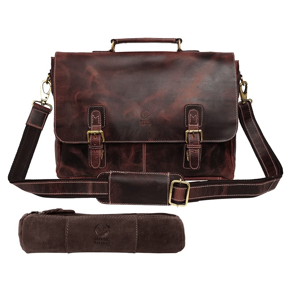 Premium Genuine Leather Messenger Bag with Pen & Pencil Holder - Professional Work Bag for Office, Business & School - Durable Walnut Brown Leather Briefcase (Perfect for Commuting, Meetings & College)