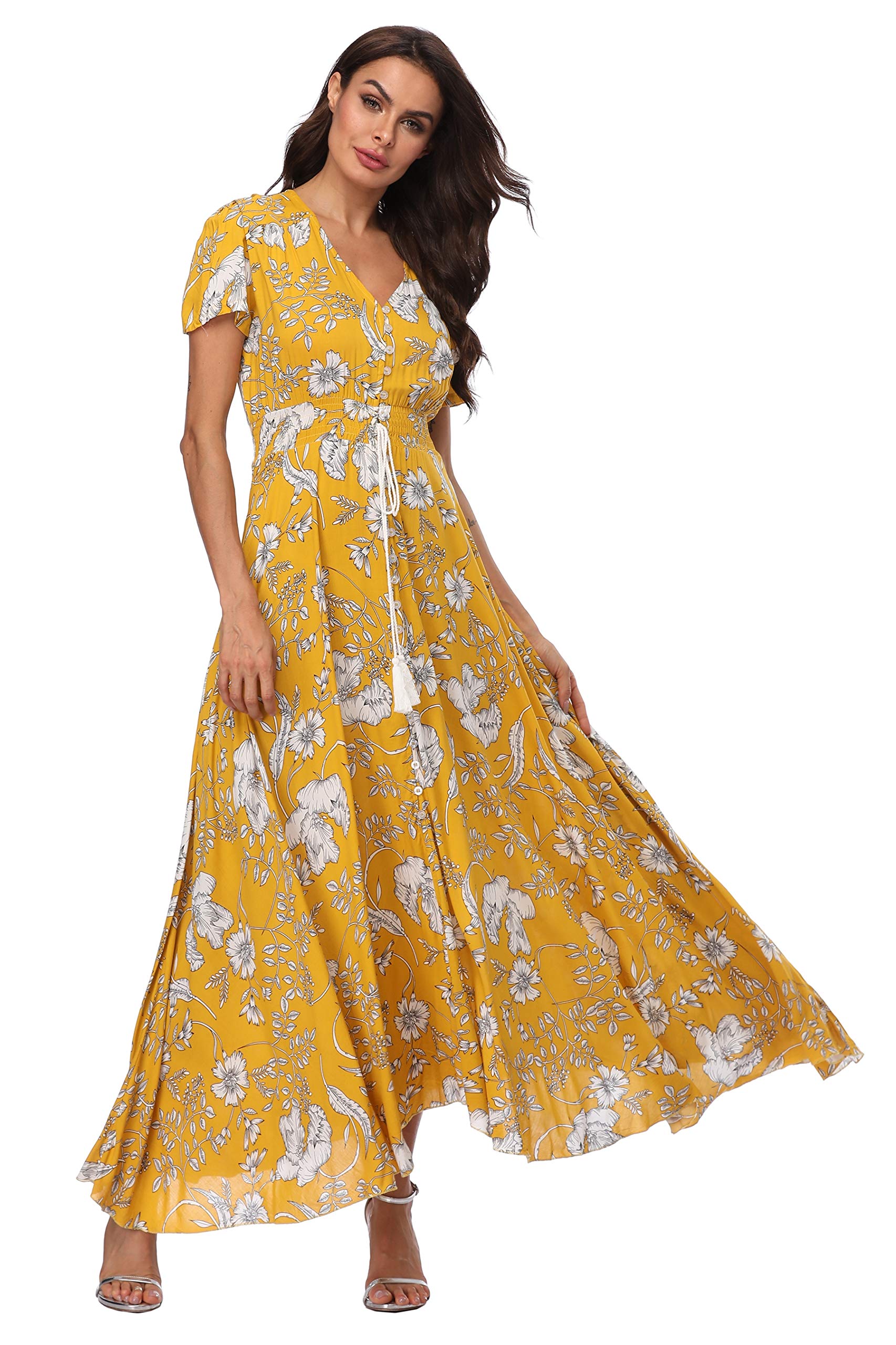 Boho Floral Maxi Dress for Women - Summer Button Up Beach Dress with Side Split & Flowy Design | Perfect for Beach Parties, Vacations & Outdoor Events