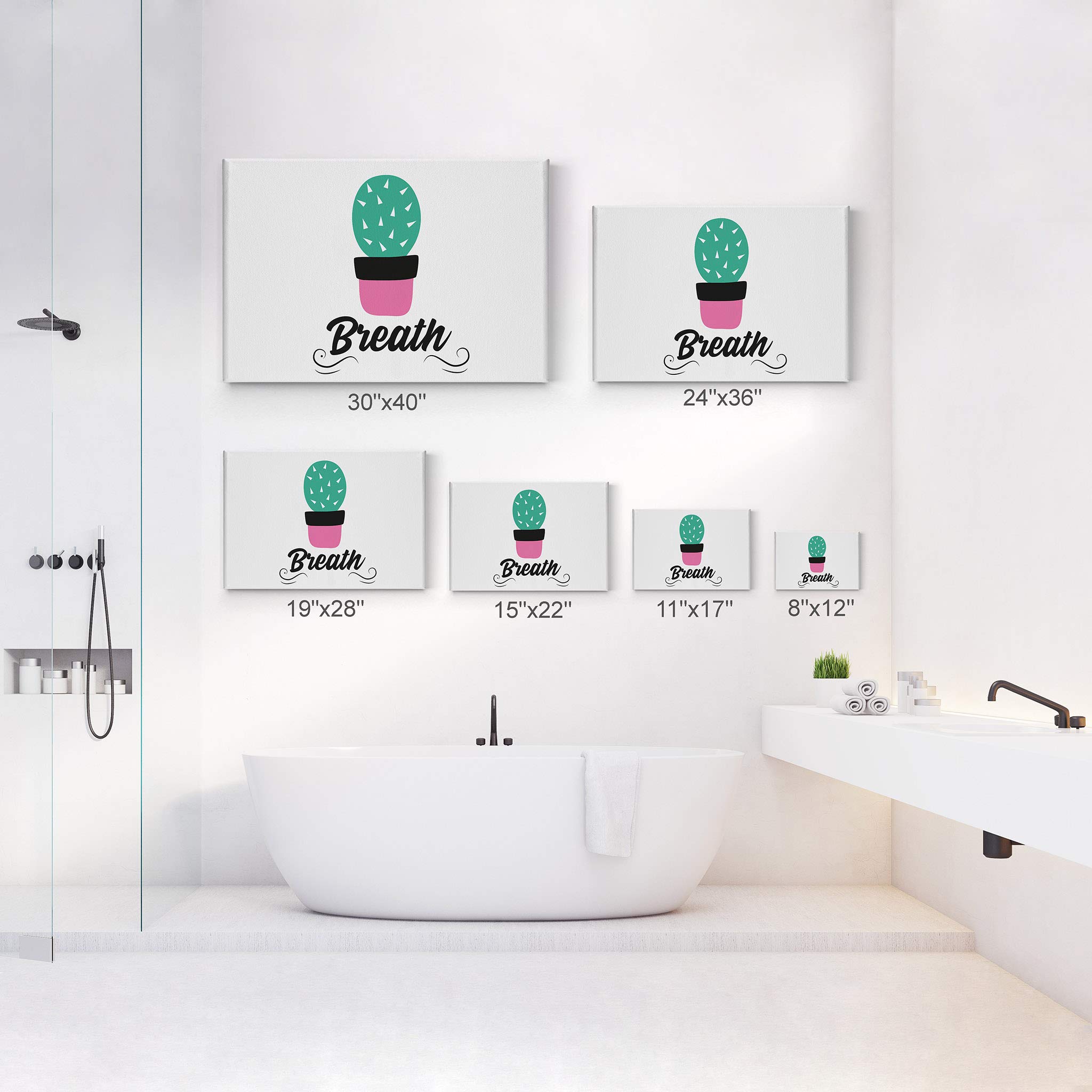 Smile Art Design Breath Typography Quote Canvas Print - Cactus Bathroom Sign Wall Decor - 24x36 Inch Ready to Hang Bathroom Wall Art - Made in USA - Perfect for Bathroom, Living Room & Home Decoration
