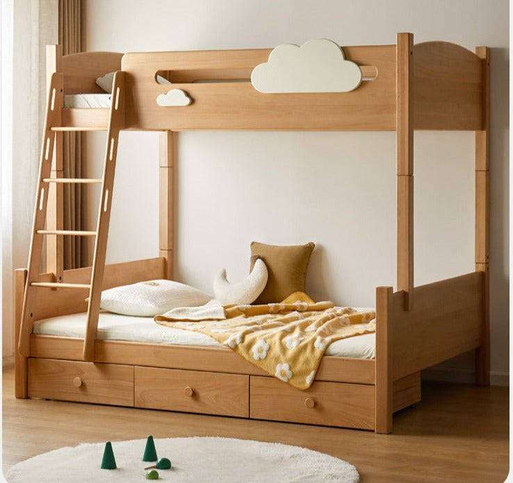 Solid Oak Wood Multi-Functional Bunk Bed with Ladder & Guardrails - Space-Saving Kids Bedroom Furniture for Siblings or Sleepovers