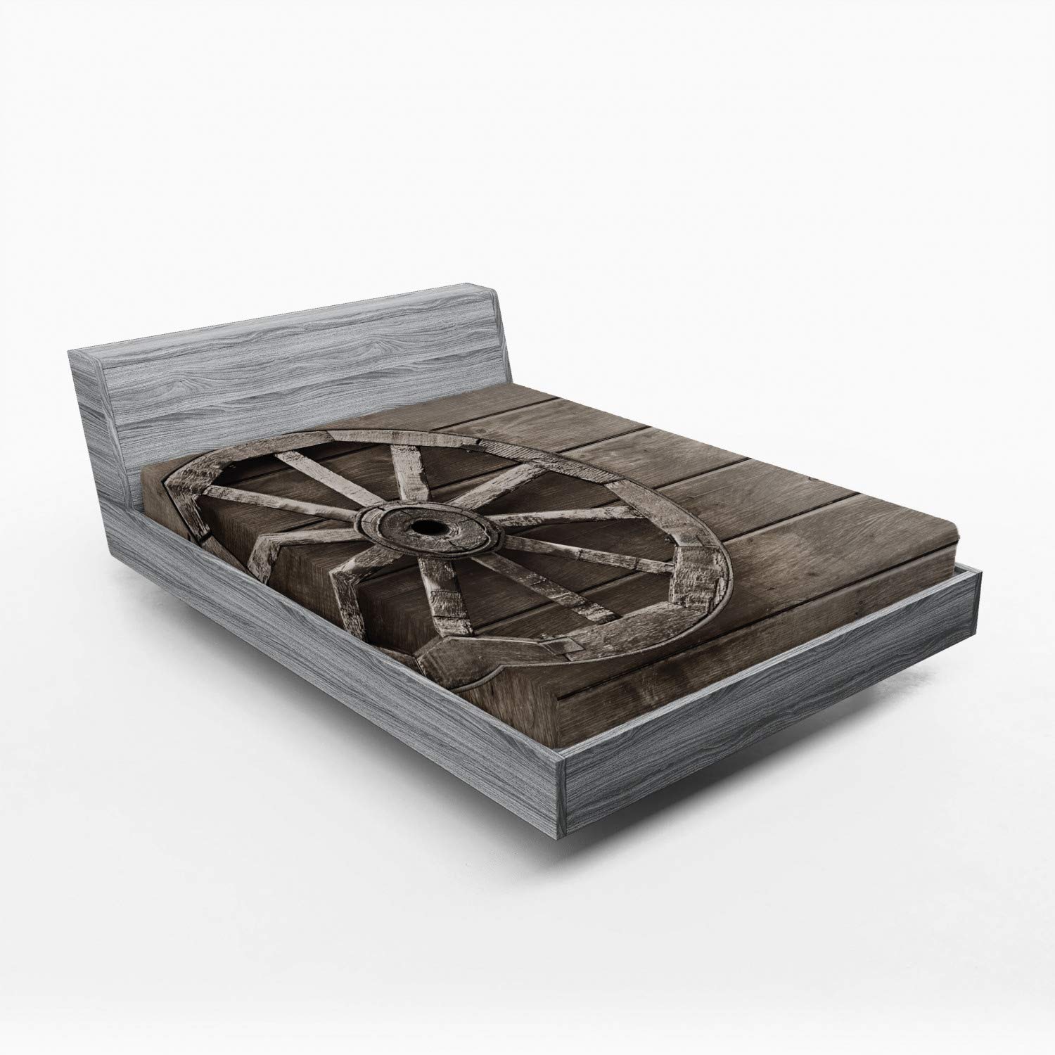 Ambesonne Vintage Barn Wood Wagon Wheel Fitted Sheet - Queen Size Deep Pocket Bed Cover with All-Around Elastic, Western Grunge Style Antique Carriage Wheel Design in Umber Brown | Perfect for Farmhouse, Rustic & Western Themed Bedrooms